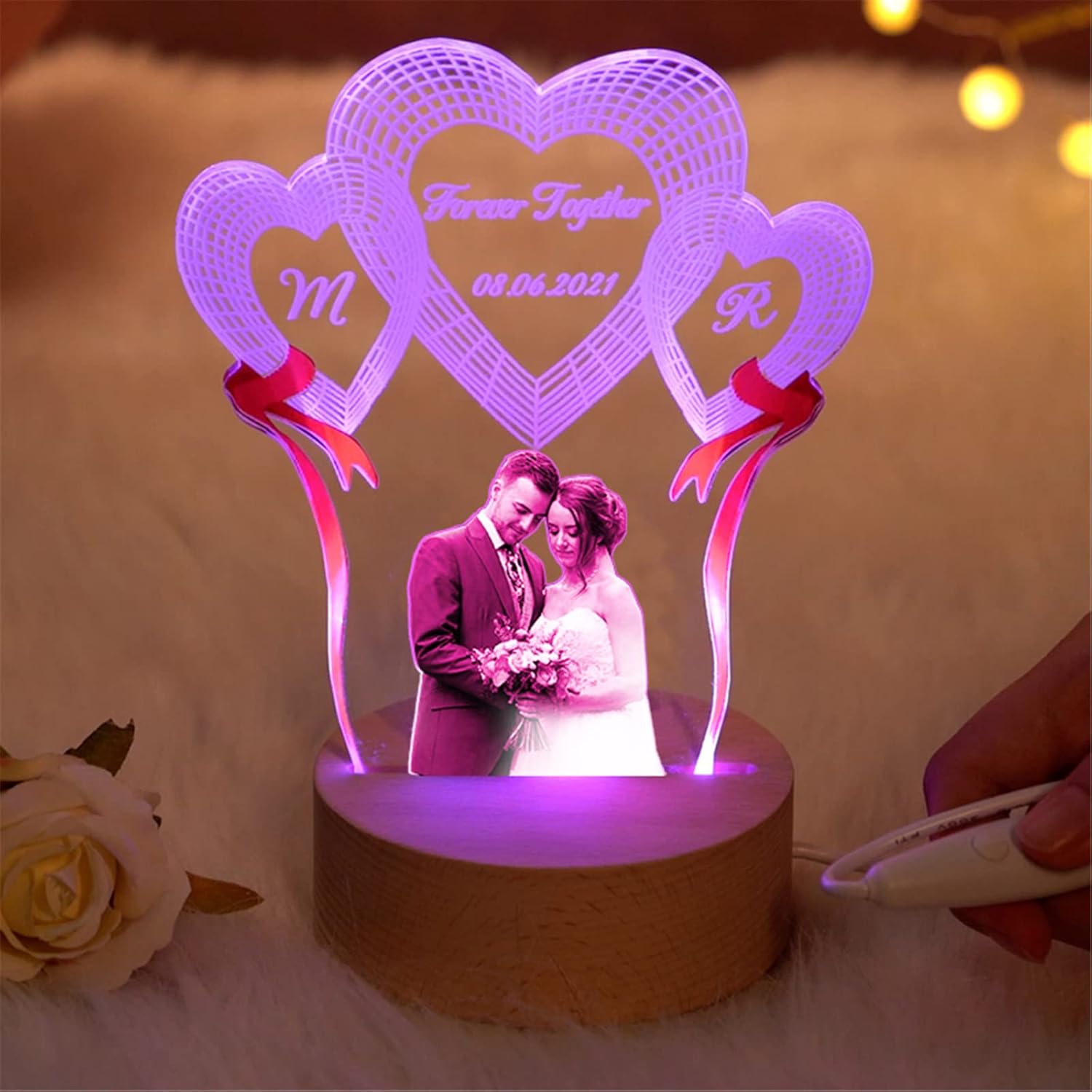 Personalized Couple Photo Light Custom 3D Photo Lamp, 3D Illusion Lamp Heart Ballon Night Lights with Picture Sign for Couples, Light Up Sign with Wood Stand USB Decor Gifts for Anniversary Christmas
