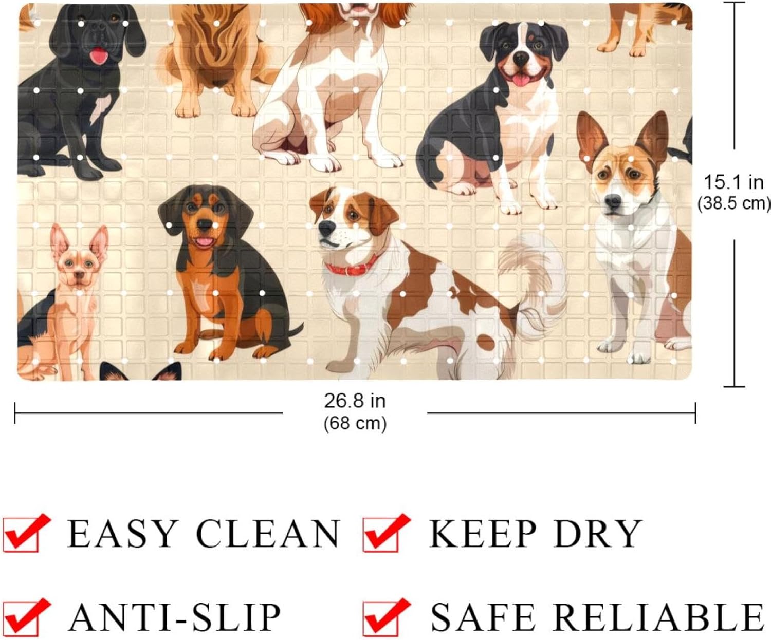 Variety of Dog Seamless Pattern Bath Tub and Shower Mats, Non Slip Bathmat with Drain Holes and Suction Cups for Bathroom Floor, 15.1 x 26.8 Inch