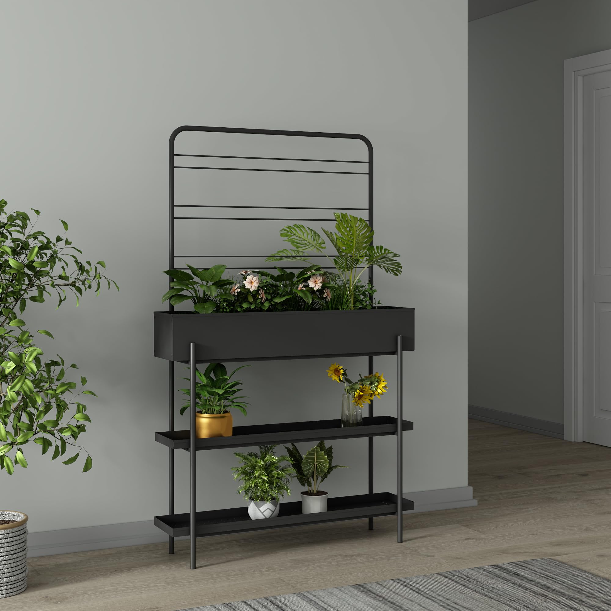 casa.pro Outdoor Pflanzenregal Aalsmeer Pflanzenständer mit Blumenkasten 2 Ablagen Blumenregal aus Metall 154 x 96 x 24 cm indoor Schwarz