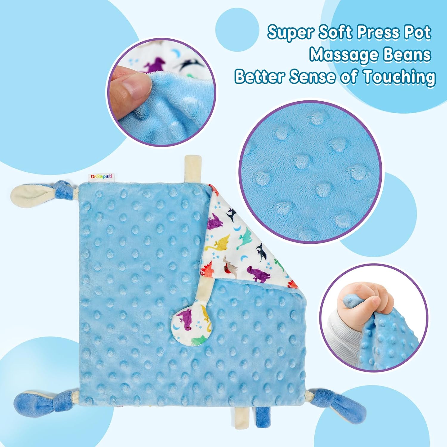 Dr.Rapeti Tag Security Blanket for Baby Infant Toddler Kid 10x10inches Washable Sensory Toy Lovey Appease Blanket (Dinosaur)