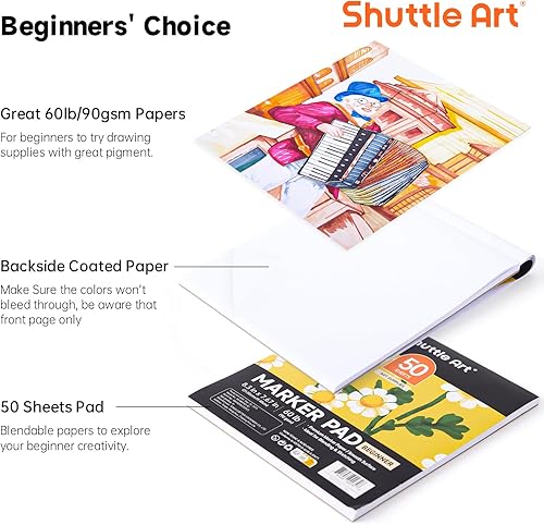 Miniatura 2 de Shuttle Art Paquete de marcadores de alcohol, juego de 61 marcadores de alcohol de doble punta + 50 hojas de marcador