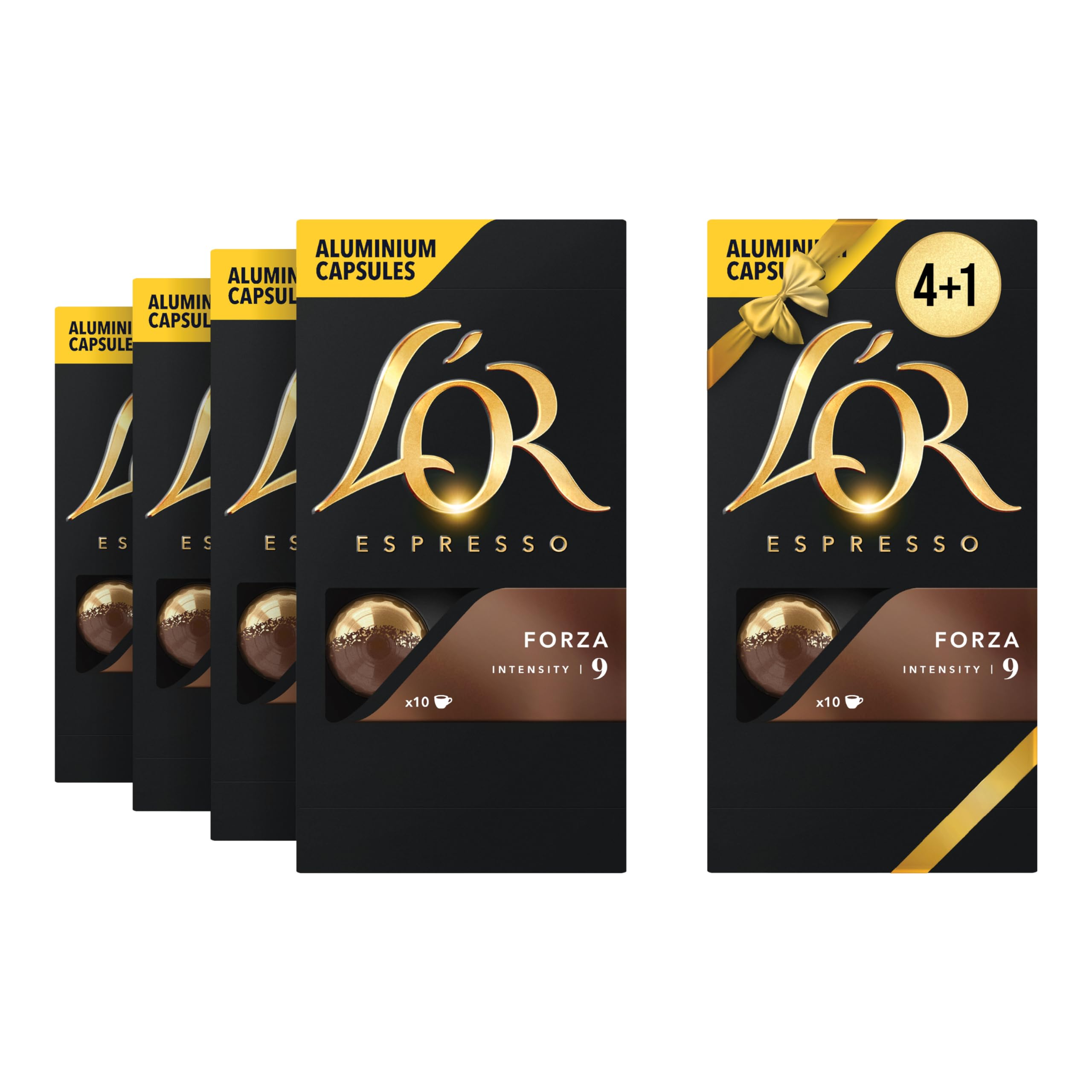 L'OR - Espresso Coffee - Forza - Core Collection - Intensity 9 - Medium - 50 Aluminium Capsules Compatible with Nespresso Original Machine (Pack of 4+1)