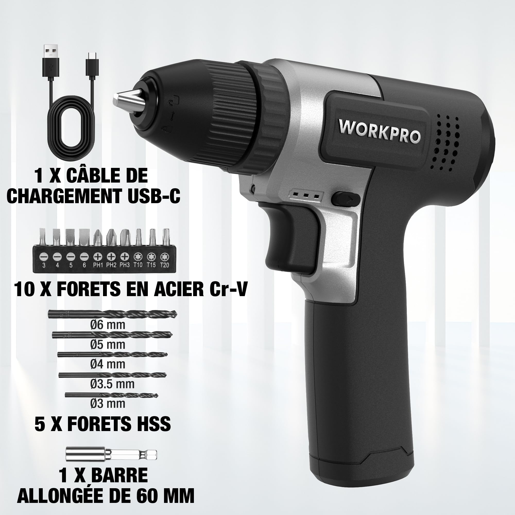 WORKPRO Kit de Perceuses Visseuse Sans Fil 8V Noir, Visseuse Devisseuse Sans Fil 2000mAh, Couple 12Nm, Mandrin de Perçage 10mm, LED Lumière, Kit d'Accessoires Complet, pour Réparation Maison DIY