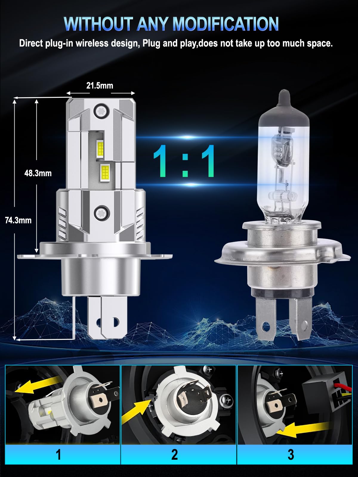 XELORD H4 LED Ampoules de Phare Automobile,Blanche 6500K 400% Lumineuse,55W 14000LM 12V,Plug n Play,2PCS