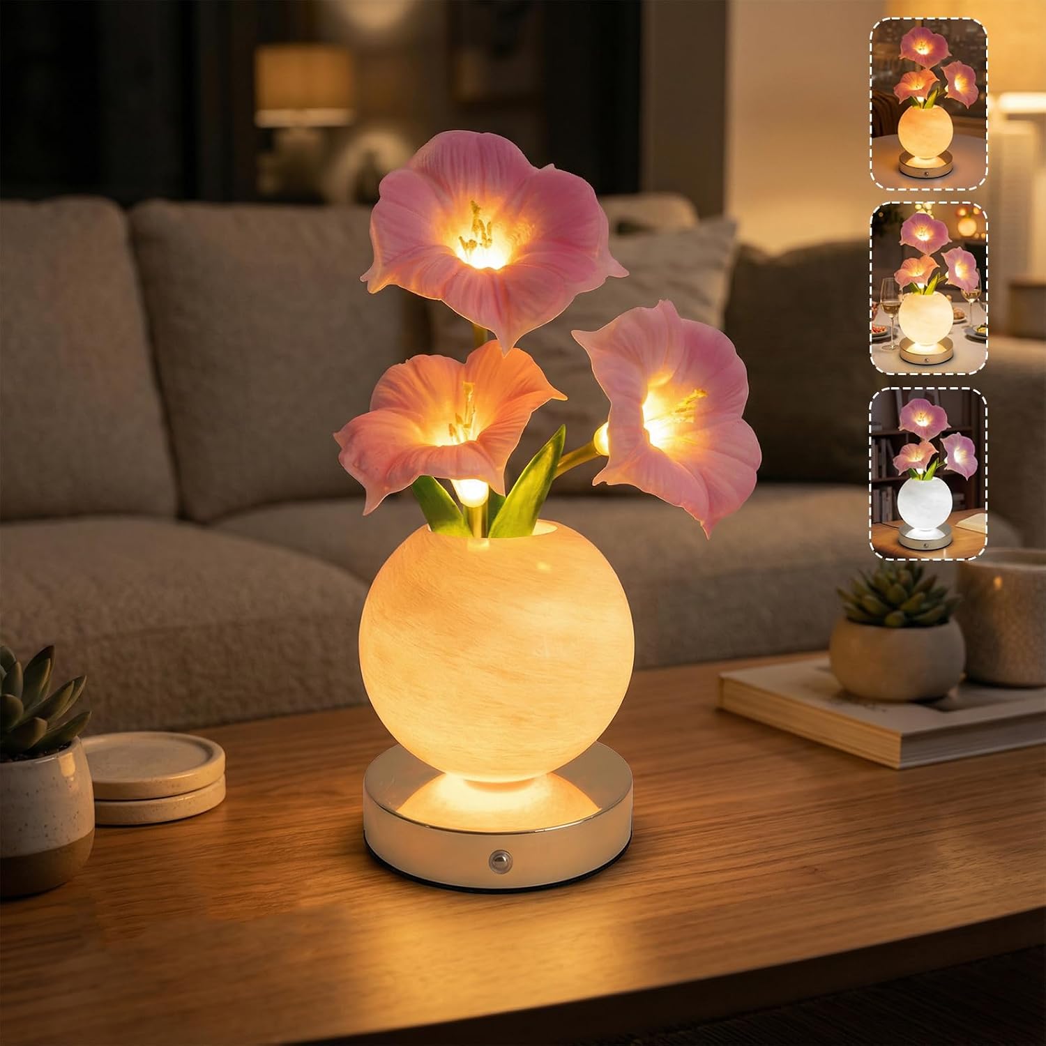 Pink Morning Glory Flower Lamp, Rechargeable Cordless LED Floral Table Lamp