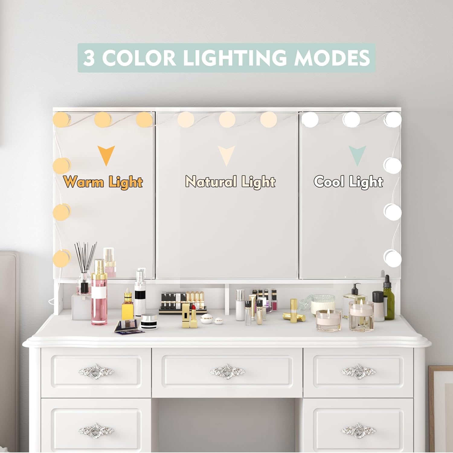 MOUMON Large Vanity Desk with Open Mirror and Bulb Lights, Makeup Desk with Drawers and Shelves, Rose-Shaped Crystal Handles, Cushion Stool not Included, White (43.3”W x 18.1”D x 54.1”H)