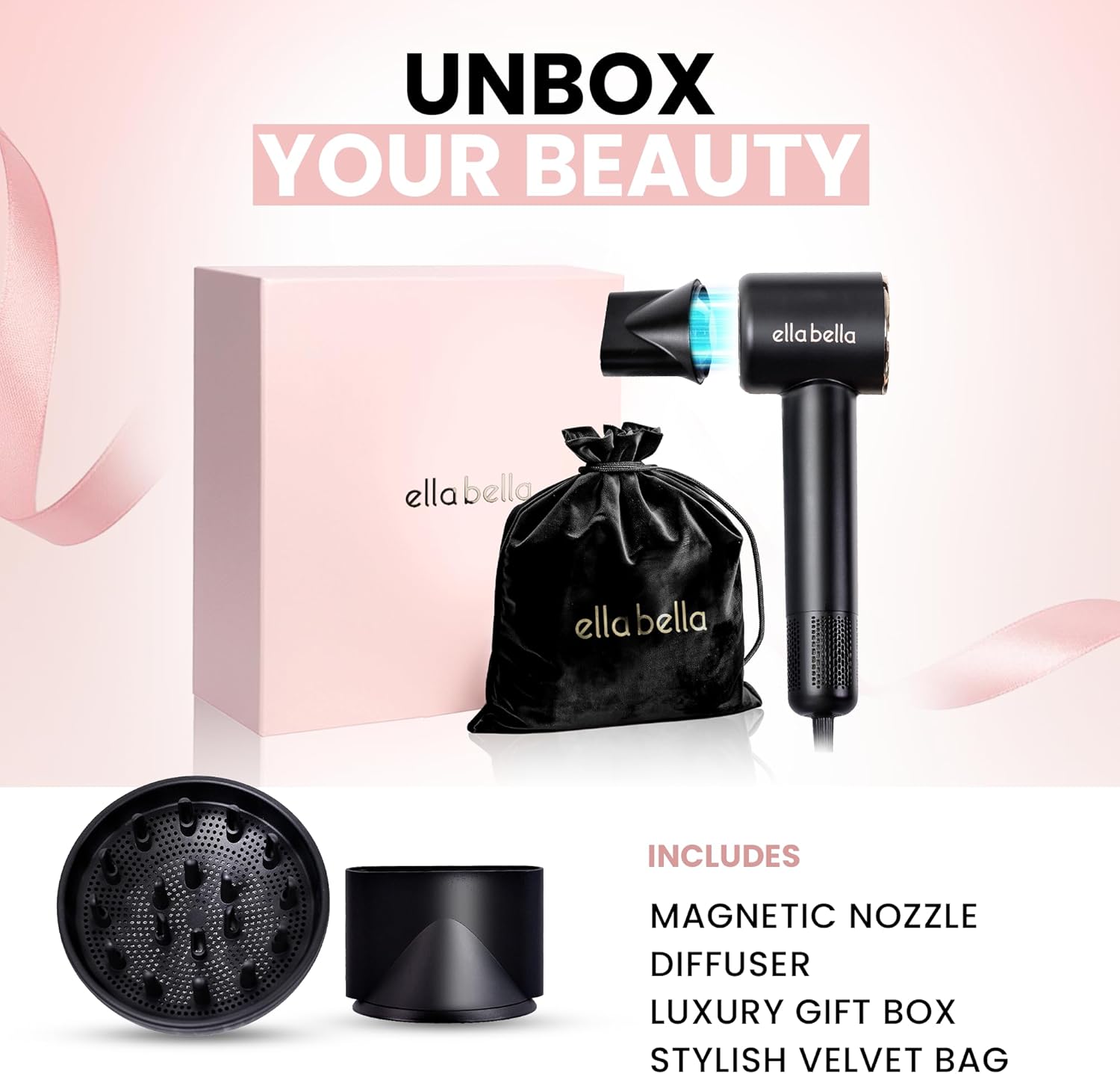 ELLA BELLA® Compact Plasma Hair Dryer, Advanced Plasma Technology Blow Dryer with Digital Display, Rapid Drying, Low Noise, & Luxury Velvet Travel Bag - Includes Diffuser & Nozzle- for All Hair Types - Image 6