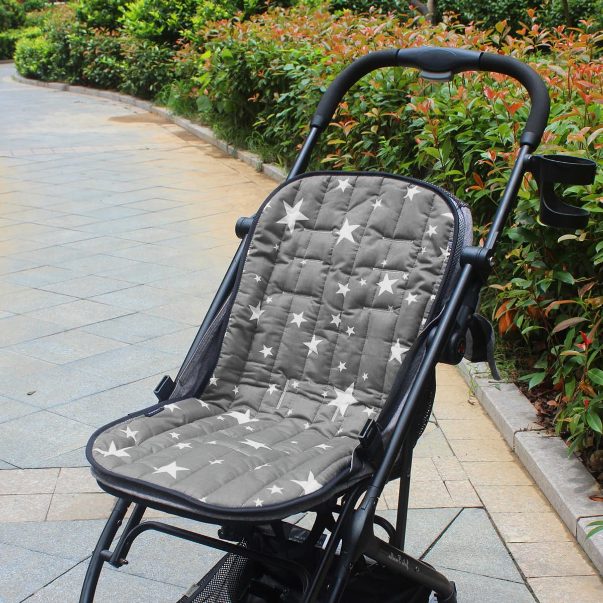 Doublure de siège de poussette pour bébé - Coussin universel respirant pour poussette - Coussin de poussette en coton épais - Housse de siège pour voiture (étoiles grises)