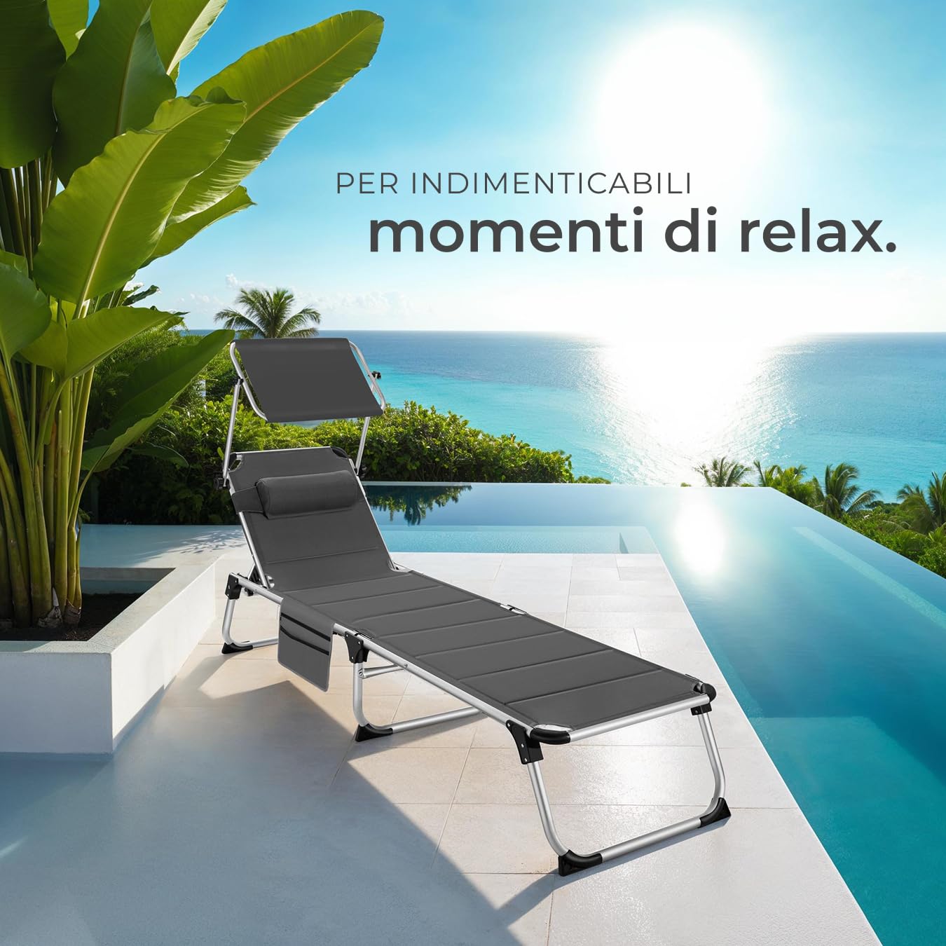 tectake® Sdraio da Mare, Sdraio da Spiaggia Pieghevole con Parasole, Sdraio da Giardino con Schienale Regolabile in 6 Posizioni, Cuscino Poggiatesta Removibile e Tasca Laterale - Grigio