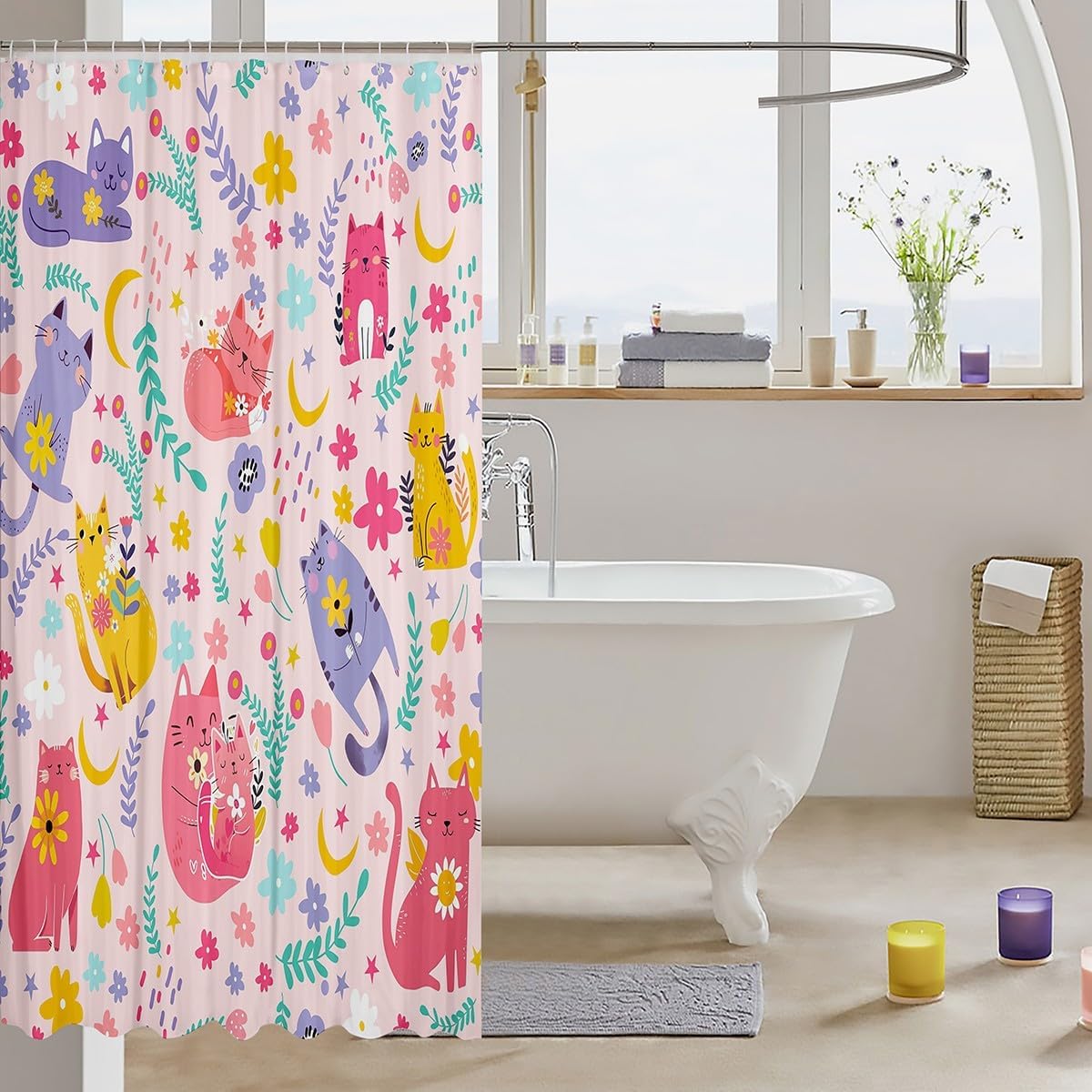 jejeloiu Cute Cat Fabric Shower Curtain Cartoon Kawaii Kitten Shower Curtain for Kids Boys Girls Floral Print Bathroom Waterproof Accessories with 12 Hooks Pet Animals Curtains,72x72 Inches image 3