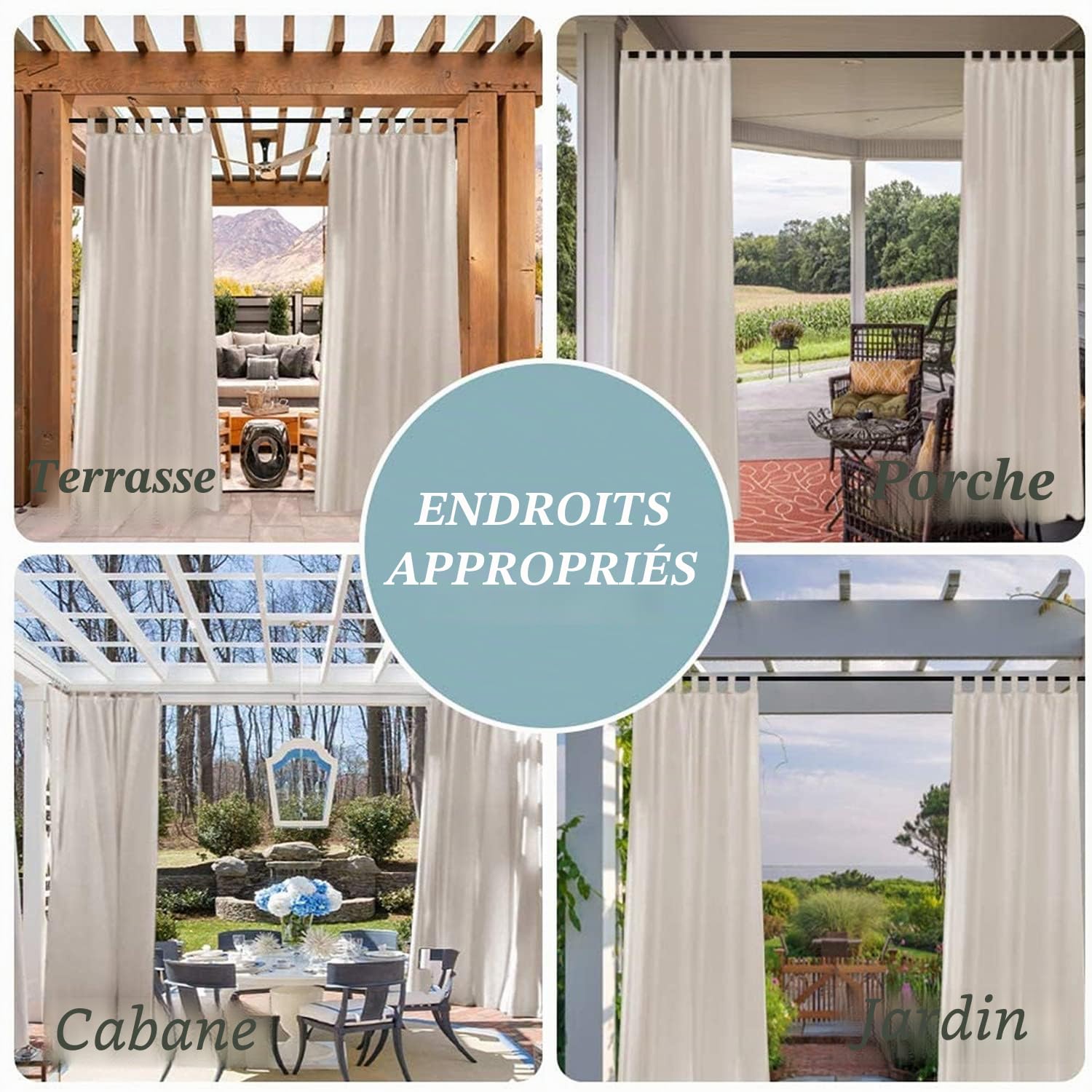 Rideau Extérieur avec Onglet en Haut - Lot de 2. Rideau Imperméable aux Occultants, Fermeture Velcro, pour Pergola, Gazebo, Terrasse, Pavillon, H213 x L132 cm, Naturel