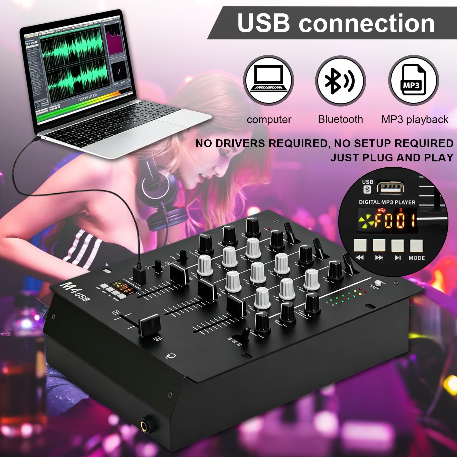 Mesa de Mezclas DJ 3 Canales, Mezclador de Audio DJ con Ecualizador 3 Bandas Control de Ganancia y Monitor de Preescucha Mezclador Estéreo MP3 para Fiestas Clubes y Karaoke