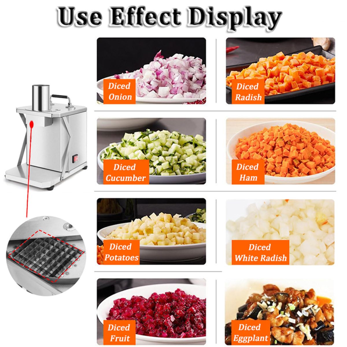 Tagliaverdure Automatico Robot da Cucina Commerciale Tagliafrutta con Reti per Coltelli a Dadini 6/8.2/9.3/12.5/15mm - Tritatutto per Verdure 200w