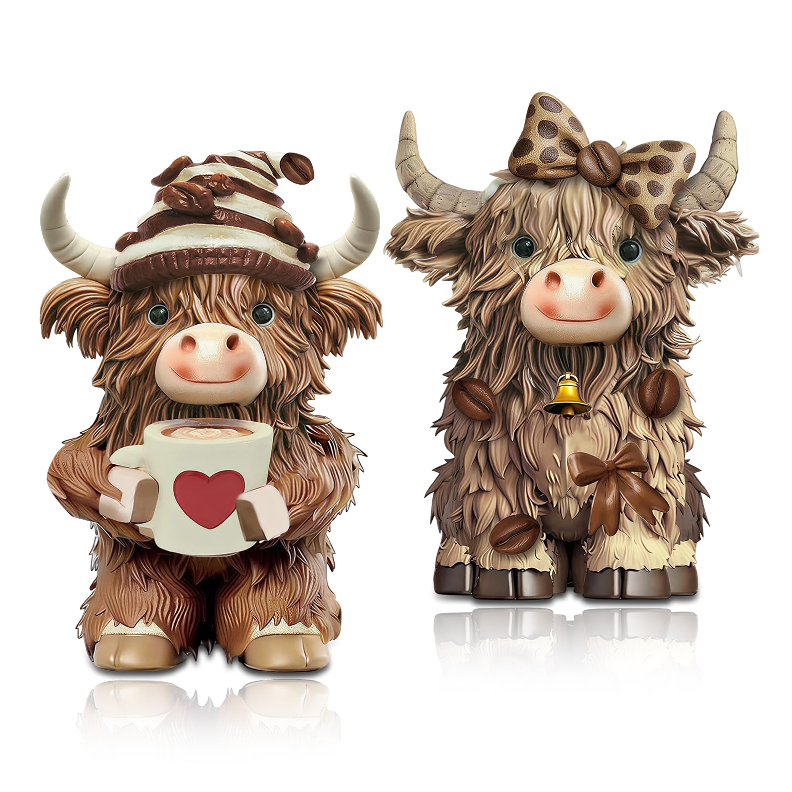 Nodrex 2 PCS Highland Cow Ornaments, Resin Highland Cow Figurines, Cute Farm Animal Decor for Shelf, Desk, Living Room, Bedroom, Valentine’s Day Gift for Her, Home Accessories