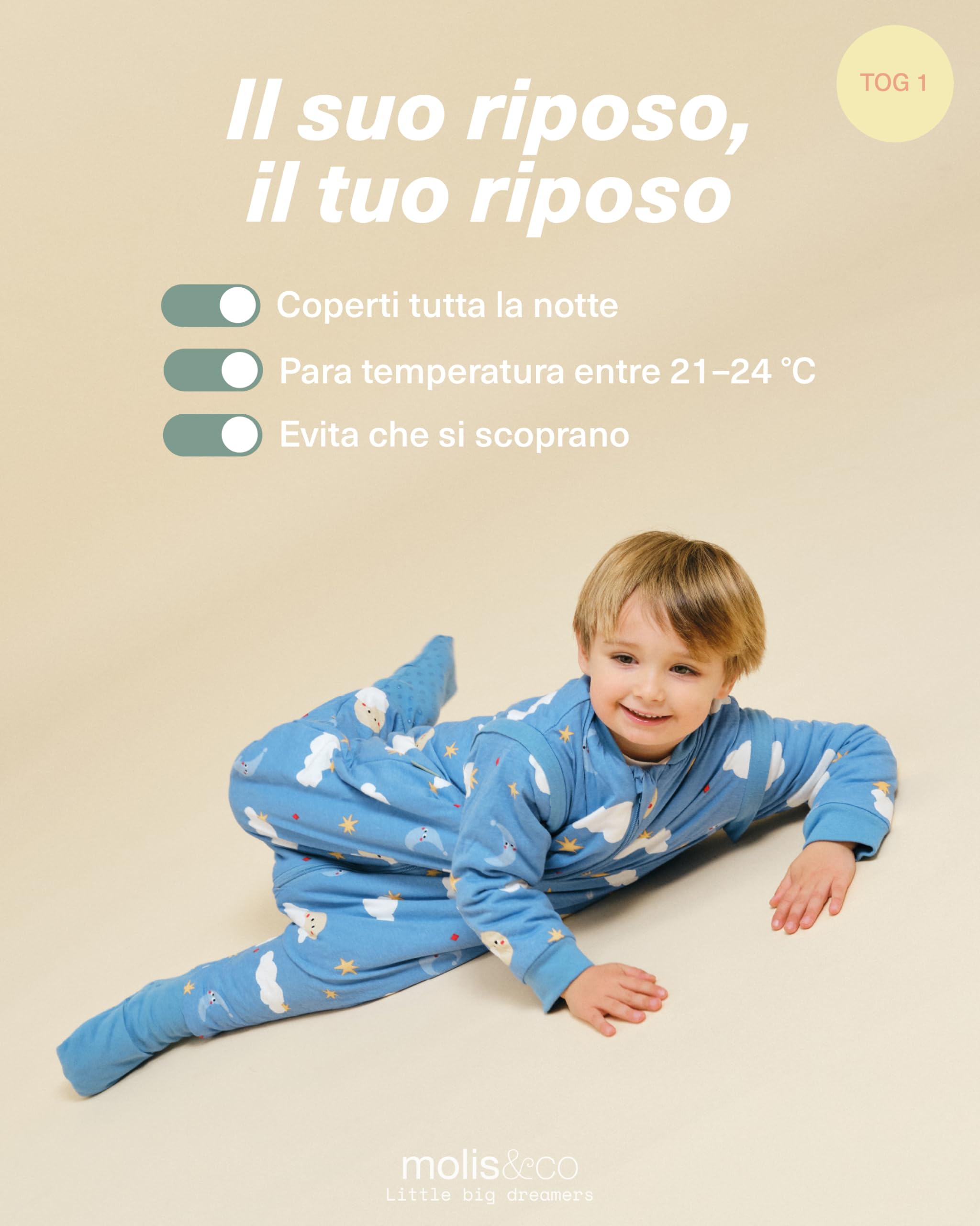 molis&co - Sacco Nanna con piedini, maniche staccabili e calzini - Sacco Nanna Primaverile/Autunno - Sacchi Nanna con piedini - 100% Cotone Oeko-Tex - Leggermente Imbotito - Good Night (3-6 mesi)
