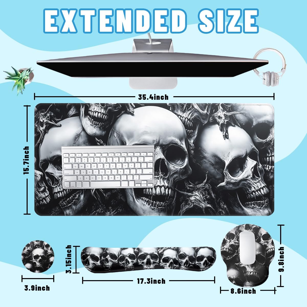Skull Desk Mat Set Gothic Dark Horror Skeleton Art Halloween Mouse Pad with Wrist Rest 4in1 Desk Mat for Desktop Ergonomic Computer Desk Arm Wrist Anti-Slip Computer Mouse Pad Home Office Gaming image 2