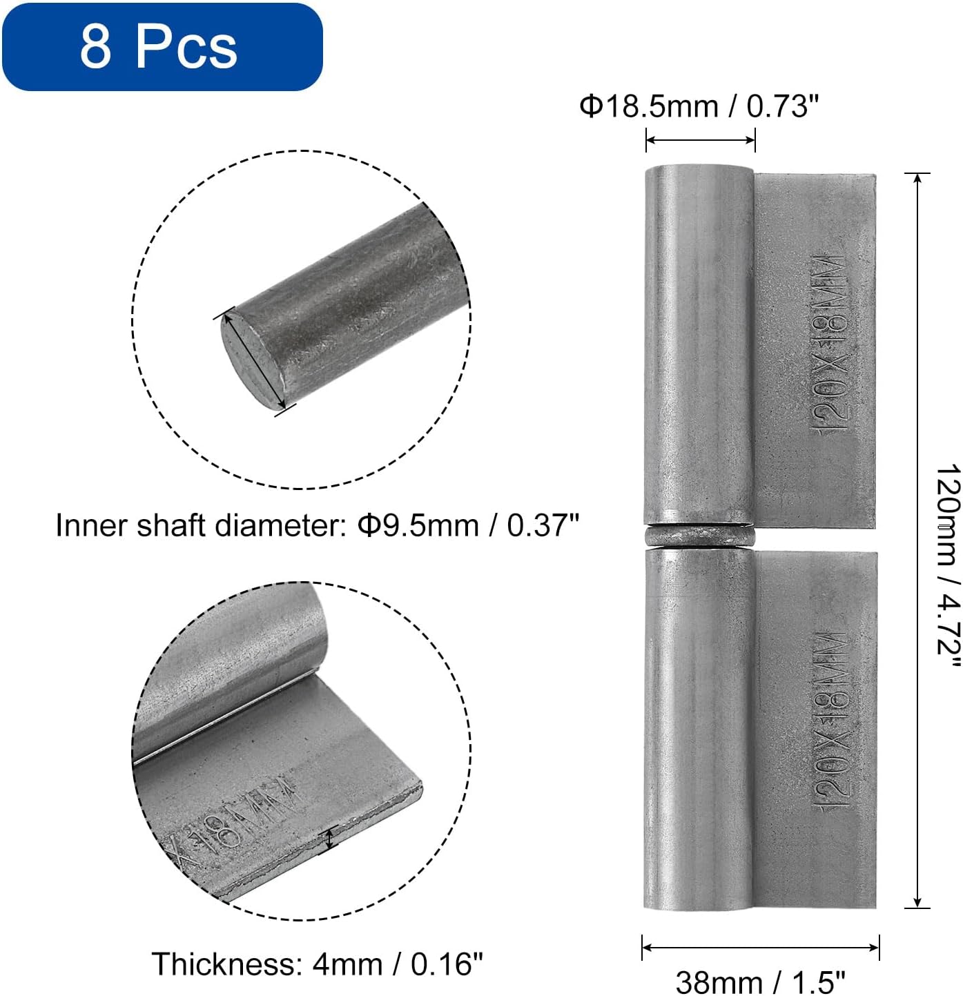 uxcell Weldable Lift Off Hinges, 8 Pack 4-5/7" x 1-1/2" Weld-on Steel Gate Flag Hinges with Removable Pin, Detachable Hinges for Metal Gate Swing Door Trailer Ramp