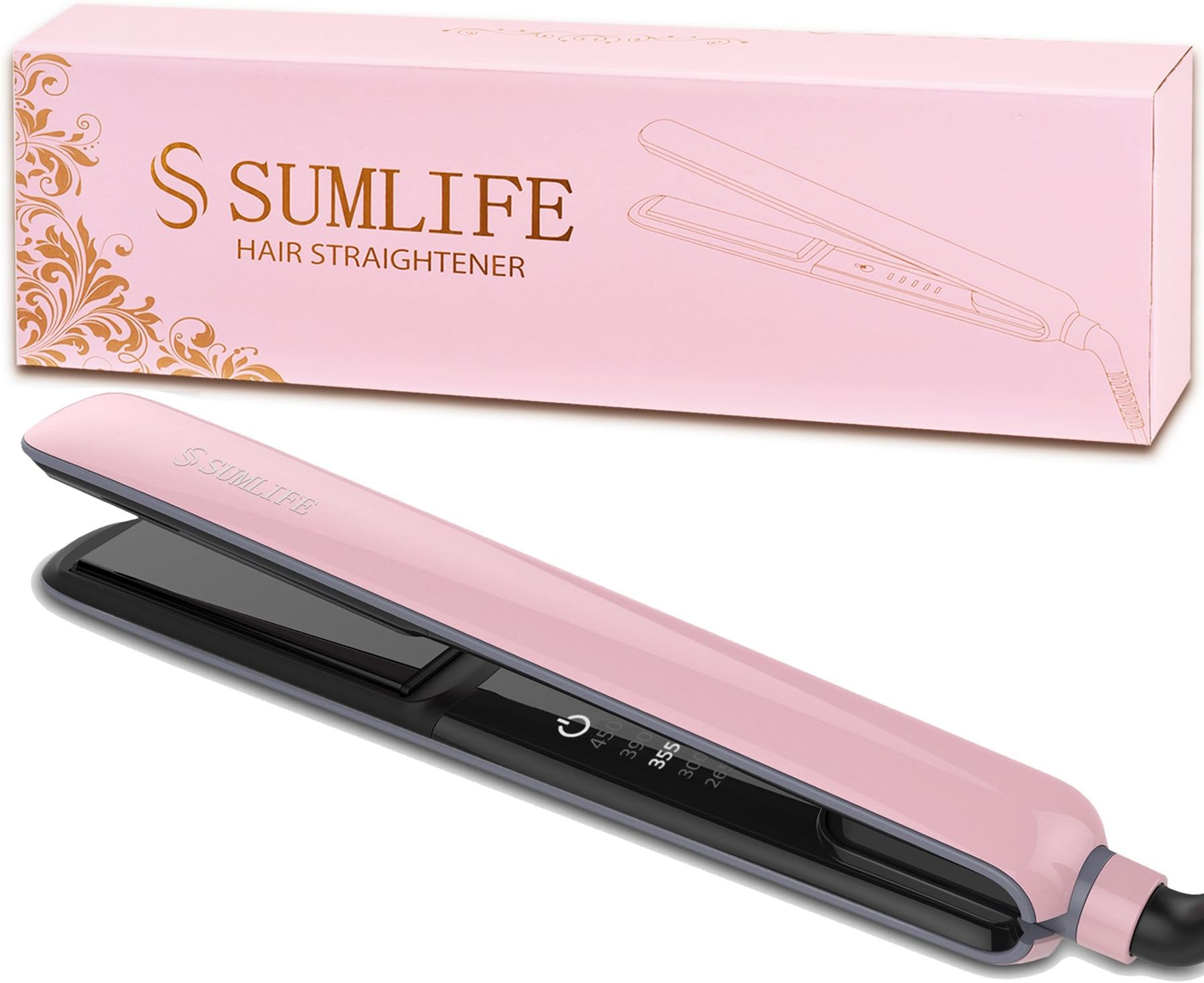Hair straightener, Sumlife Flat iron LED Temperature Display 2 in 1 Straighter and Curler Not Damage Hair Suitable for All kinds Hairs,1 Inch good for Travelling,As Gift, Pink color