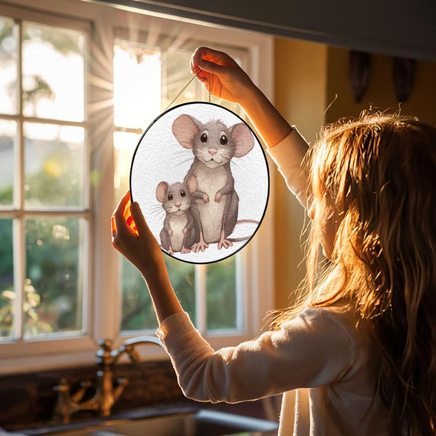 10in Stained Glass Window Hanging,Window Suncatcher Glass Panel with Metal Chain Mother and Child Rats Sun Catchers Wall Art Home Decor Gift for Women Mother's Day