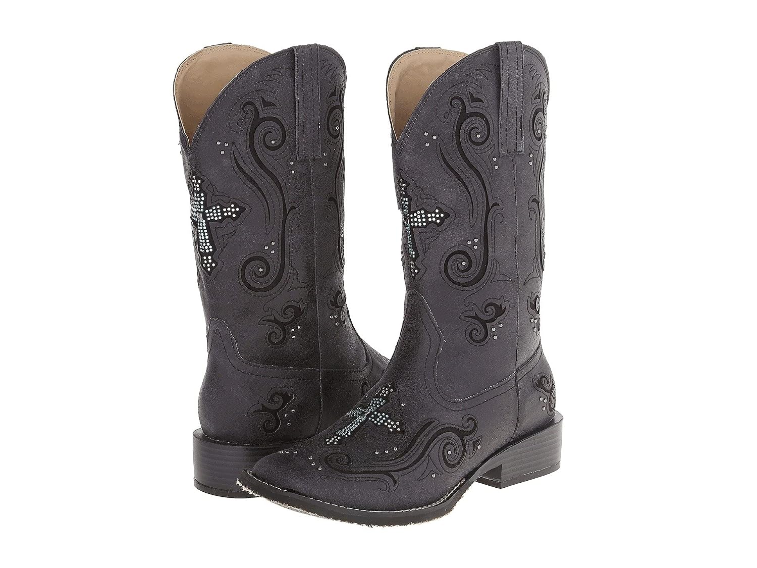 ROPER Womens Faith Rhinestone Square Toe Casual Boots Mid Calf Low Heel 1-2" - Brown - Size 10.5 B