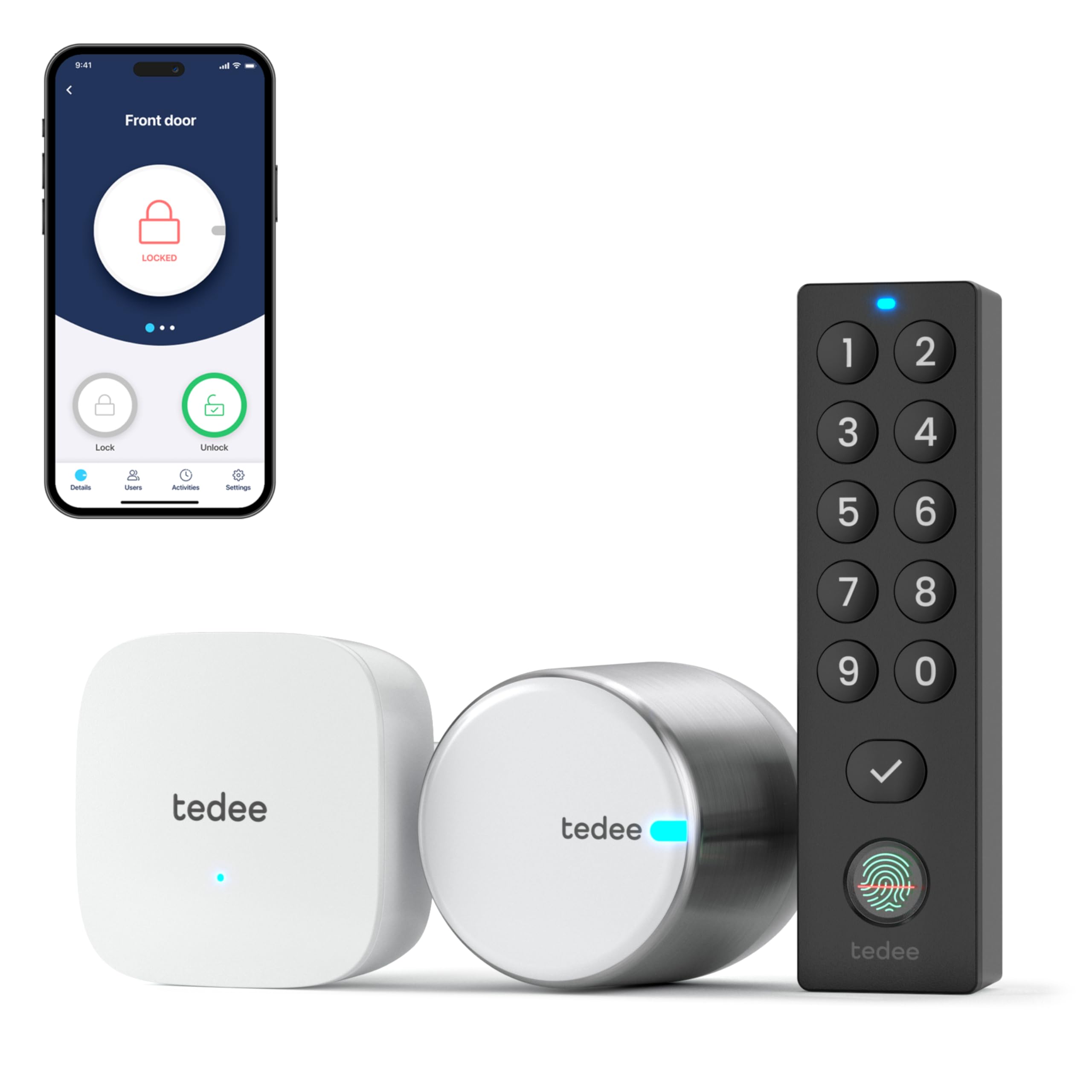 Tedee GO2 Alu Serrure Intelligente Connectée WiFi Bridge | Keypad PRO Empreinte Digitale, Code PIN, Accès à Distance, Entrée sans Clé | Compatible Matter, Alexa, Google Home, Apple, SmartThings
