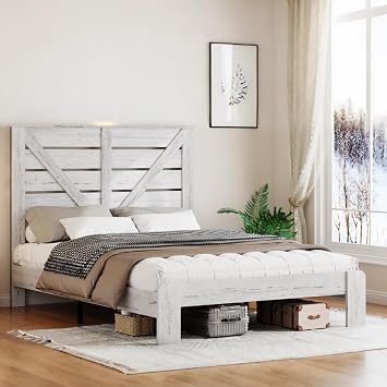 King Size Bed Frame with Headboard, Platform King Size Wood Bed Frame with Lights and Charging Station, No Box Spring Needed, Easy Assembly, Non-Slip Without Noise, White