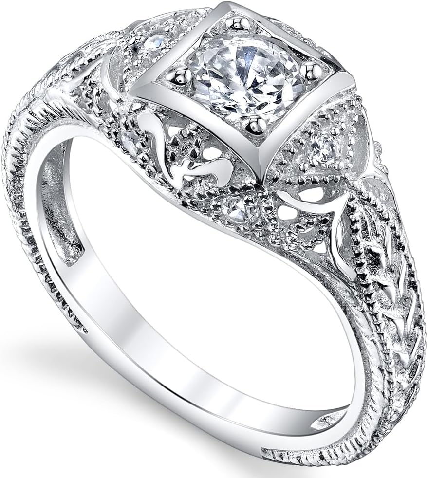 Metal Masters Women's Carved 925 Sterling Silver Vintage Bridal Engagement Ring