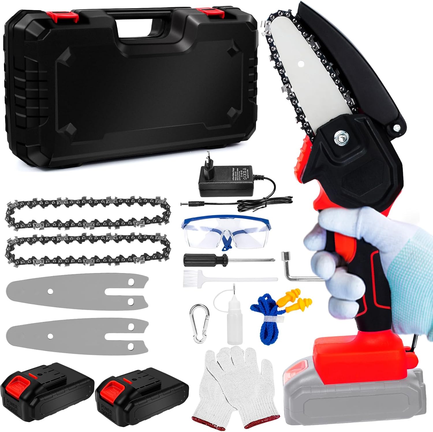 Mini Motosega Portatile da 4 Pollici con 2 Batterie e 2 Catene per la Potatura e la Tosatura di Alberi da Giardinaggio - Immagine 1