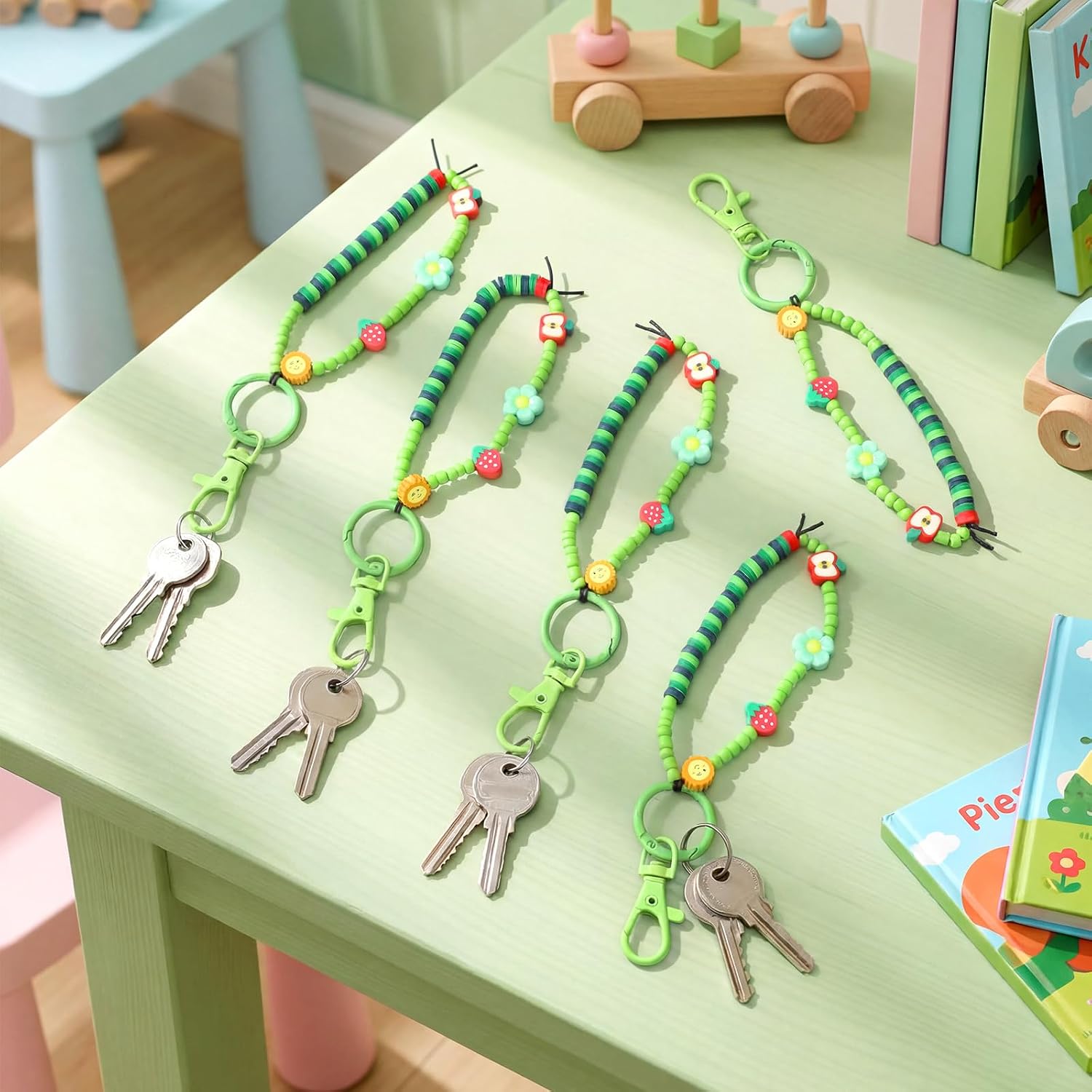 24 Pcs Caterpillar Keychains Bulk Cute Green Beaded Key Rings with Bracelet Design Caterpillar Themed Party Favor Supplies for Birthday Baby Shower Spring Classmates Gifts