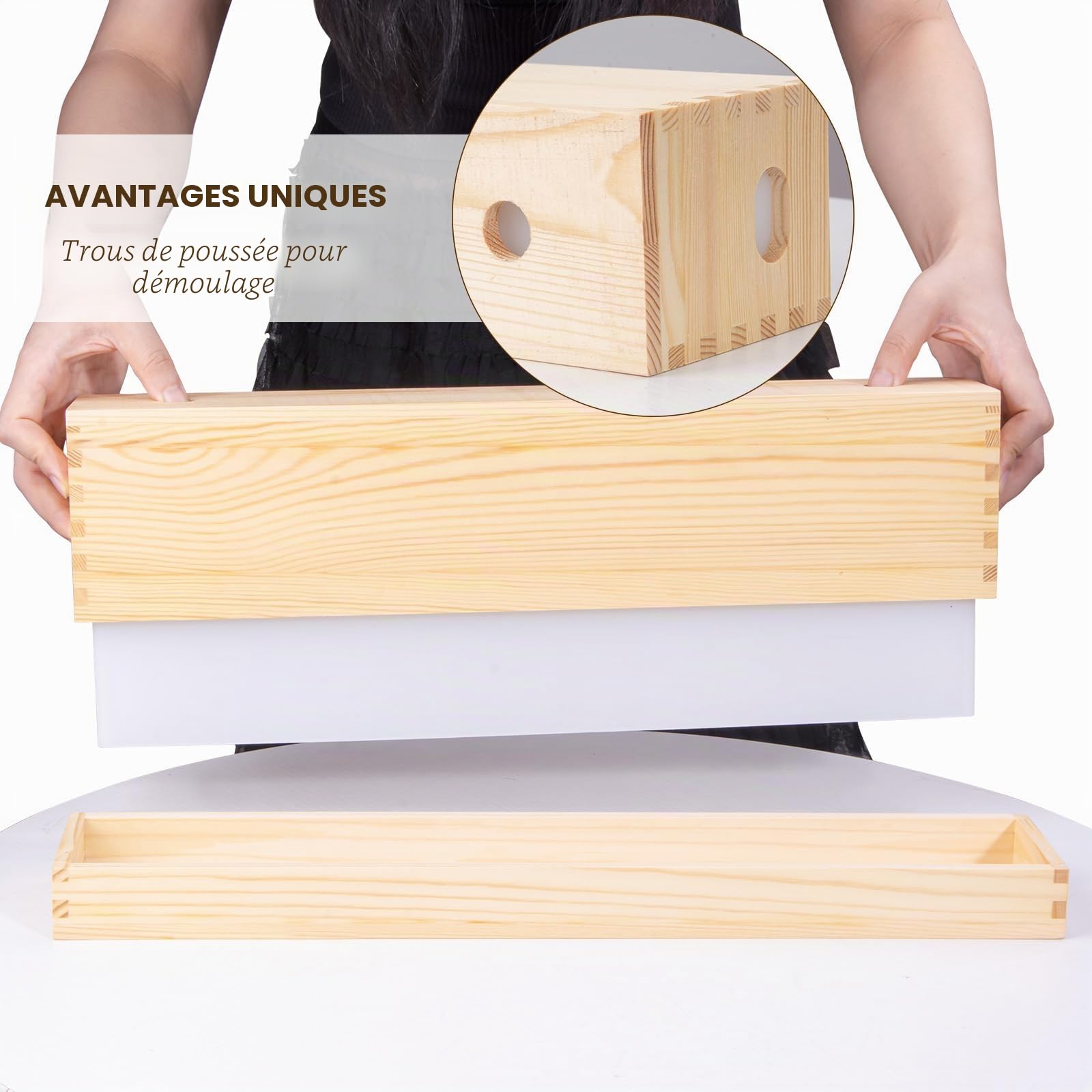 Moules à savon en silicone avec caisse en bois et couvercle, moules à savon rectangulaires pour la fabrication de savon (2,2 l, longs et étroits)