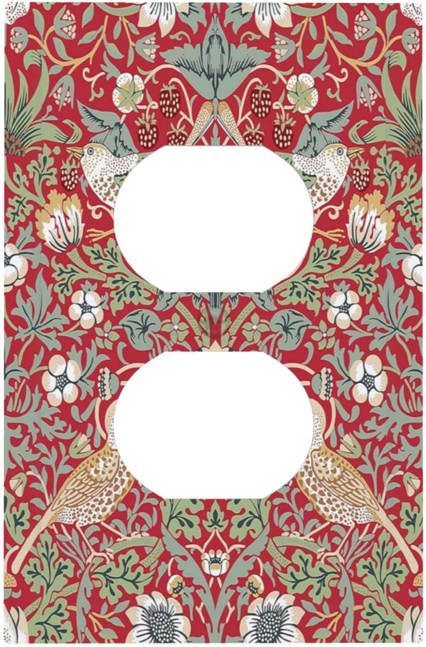 William Morris Strawberry Thief Botanical Red Green Single Duplex Wall Plate Covers Light Switch Cover 1 Gang Outlet Plate Decorative Switchplate Covers Electrical Faceplate for Country Bedroom Decor