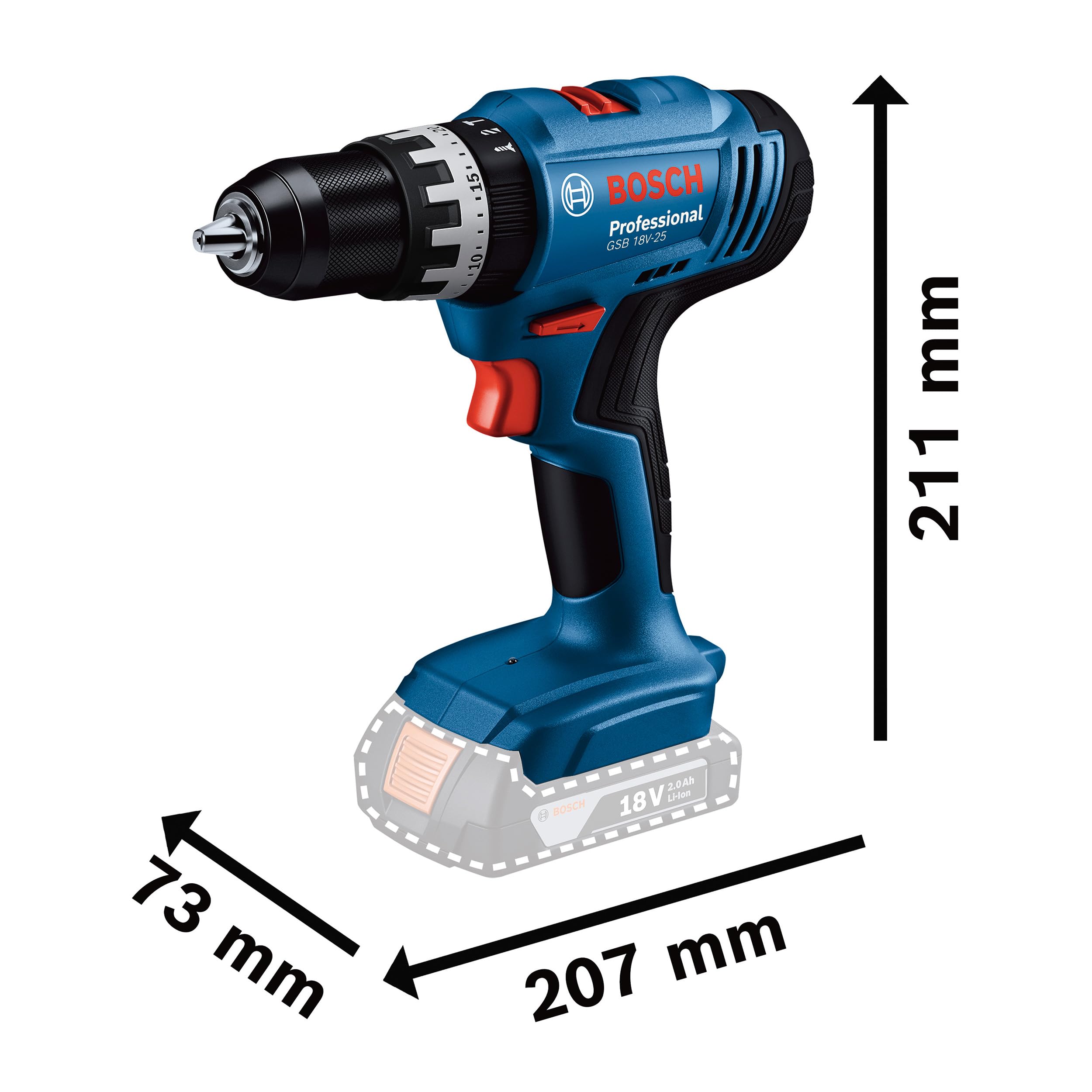 Bosch Professional 18V System Trapano-avvitatore con percussione a batteria GSB 18V-25 (Ø vite max. 10 mm, incl. 2 batterie GBA 2.0Ah, GAL 18V-40, L-BOXX) - 2