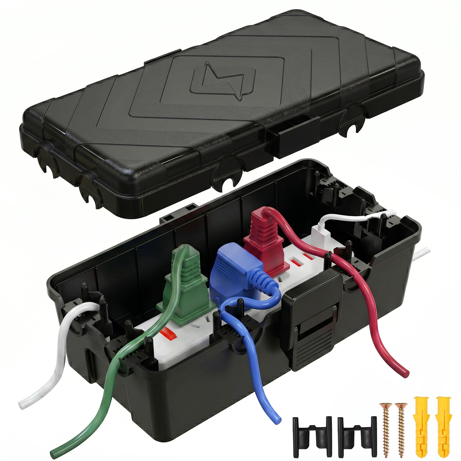 Outdoor Electrical Box Waterproof, IP54 Waterproof Electrical Box(26x15x9.4cm) with 6 Cable Ports, Outdoor Socket Box Waterproof for Power Strip, Timer, Plug, Holiday Lights (Black)