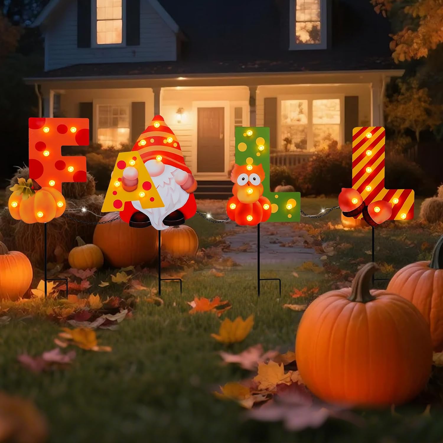 Fall Yard Decor Outdoor Autumn Harvest Garden Stakes with LED Light Squirrel Gnome Letter Pumpkin Yard Sign with Stakes Fall Thanksgiving Decoration for Home Outside Lawn Garden Holiday Decor