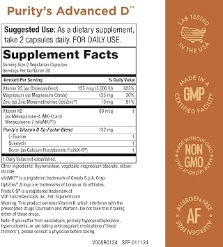 Purity Products Advanced D from Vitamin D3 Super Formula - Packed with Vitamin D, Vitamin K2, Zinc, Magnesium Citrate, Boron and Taurine - 60 Vegetarian Capsules