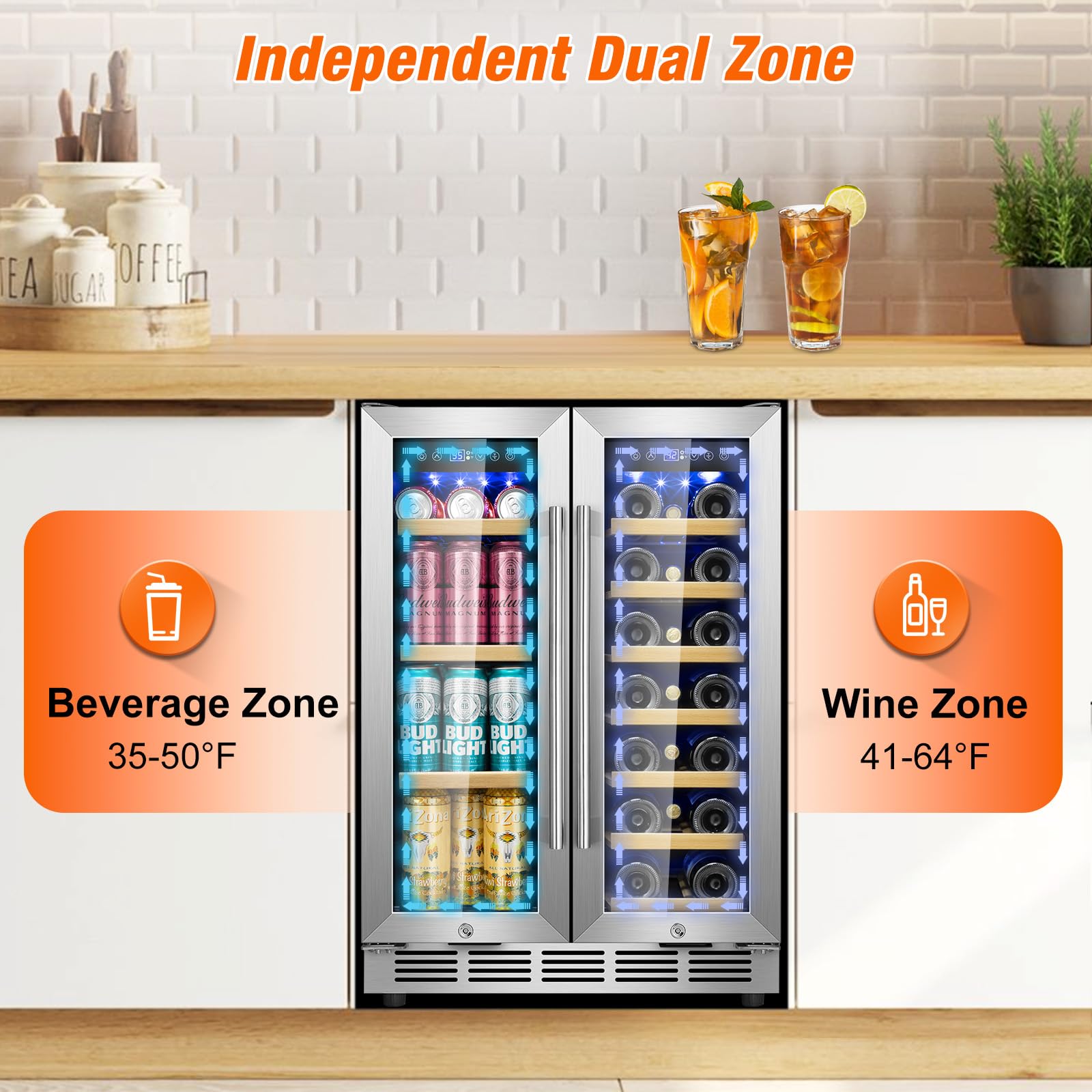 Turephe Wine And Beverage Refrigerator, 24inch Beverage Cooler Dual Zone With Glass Door, Built-In/Freestanding Beverage Fridge With Upgraded 20 Bottles And 60 Cans Large Capacity on Fridge.com - View 2