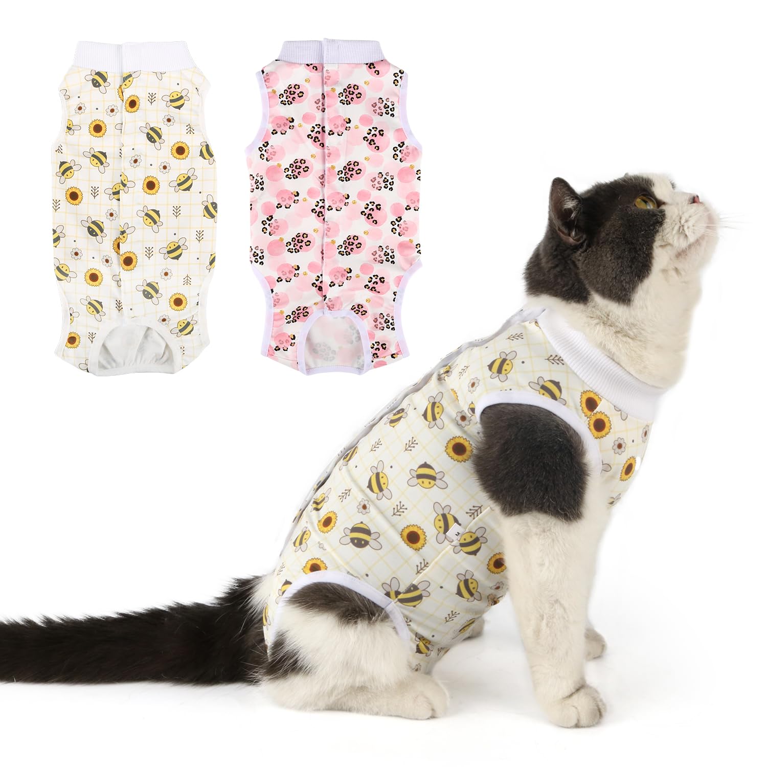 Pawcomon 2 Packs Cat Surgery Recovery Suit Surgical Clothes Abdominal Wounds Anti-Licking Cat Bodysuit Onesie Substitute E-Collar& Cone