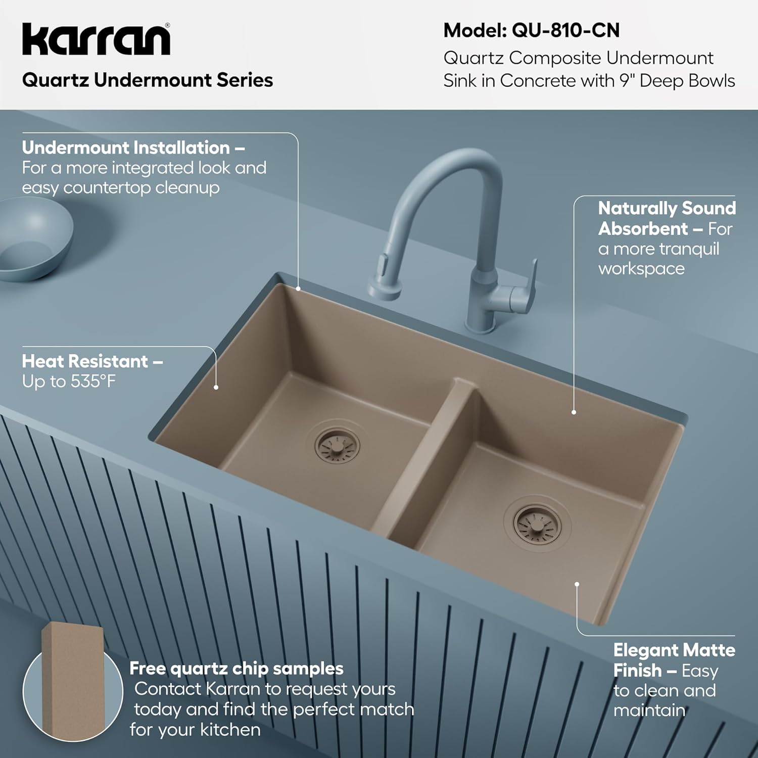 Karran 32" Quartz Composite Undermount Double Bowl Kitchen Sink with Low Divider – 50/50 Equal Bowl, 80% Natural Quartz, 535°F Heat Resistant, Sound Dampening, Concrete Color, QU-810