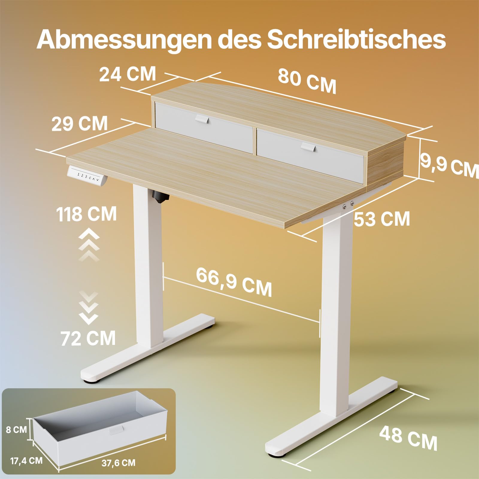 HUANUO Höhenverstellbarer Schreibtisch 80x53 cm mit Schubladen | kompatible C-Klemme-Halterung, 4 Gedächtnis-Höheneintellungen