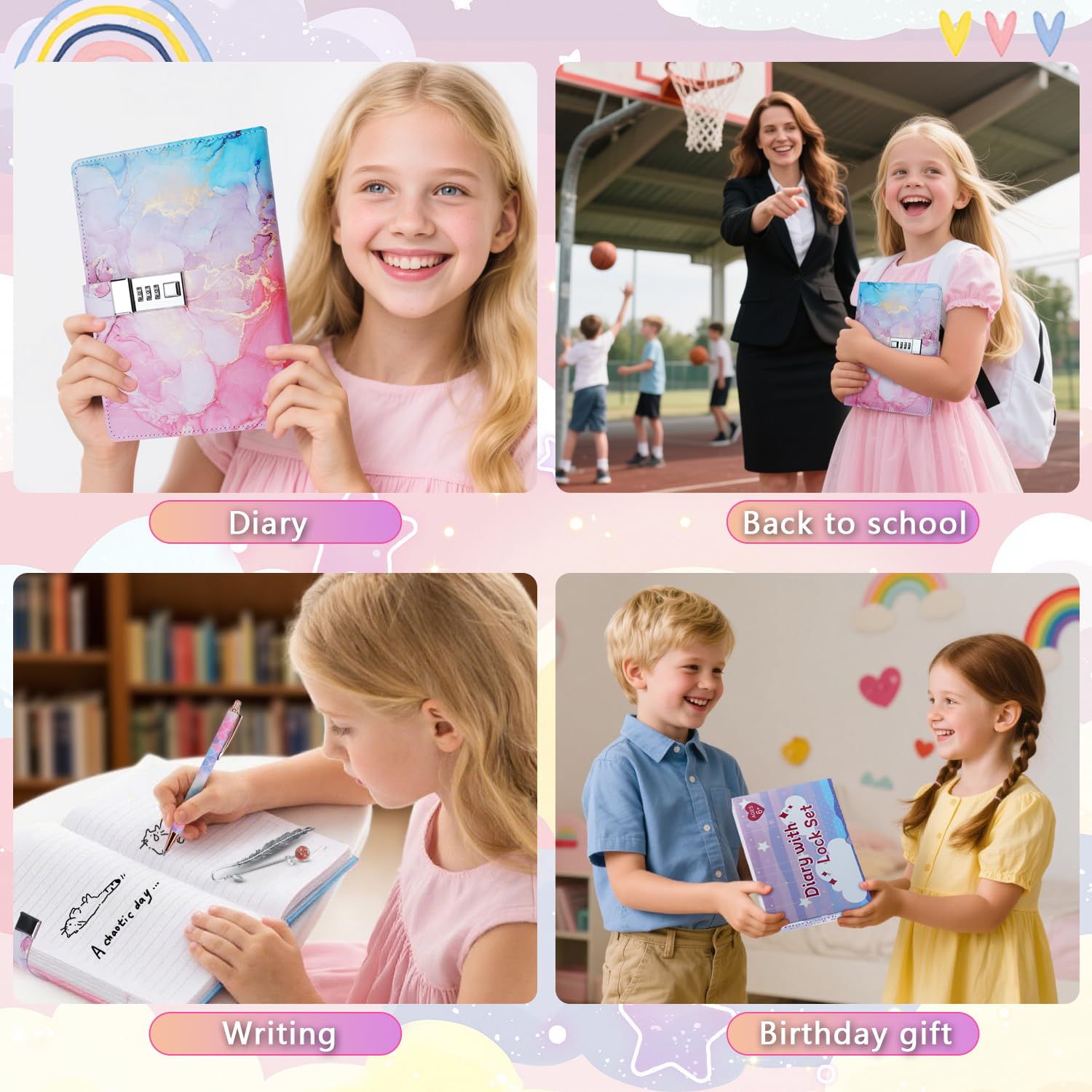 Diario Segreto con Lucchetto Ragazza, Set Diario con Serratura Bambina, Taccuino Segreto con Password, Quaderno con Serratura e Penna, Regalo di Compleanno Cancelleria per Ragazze 6-15 Anni