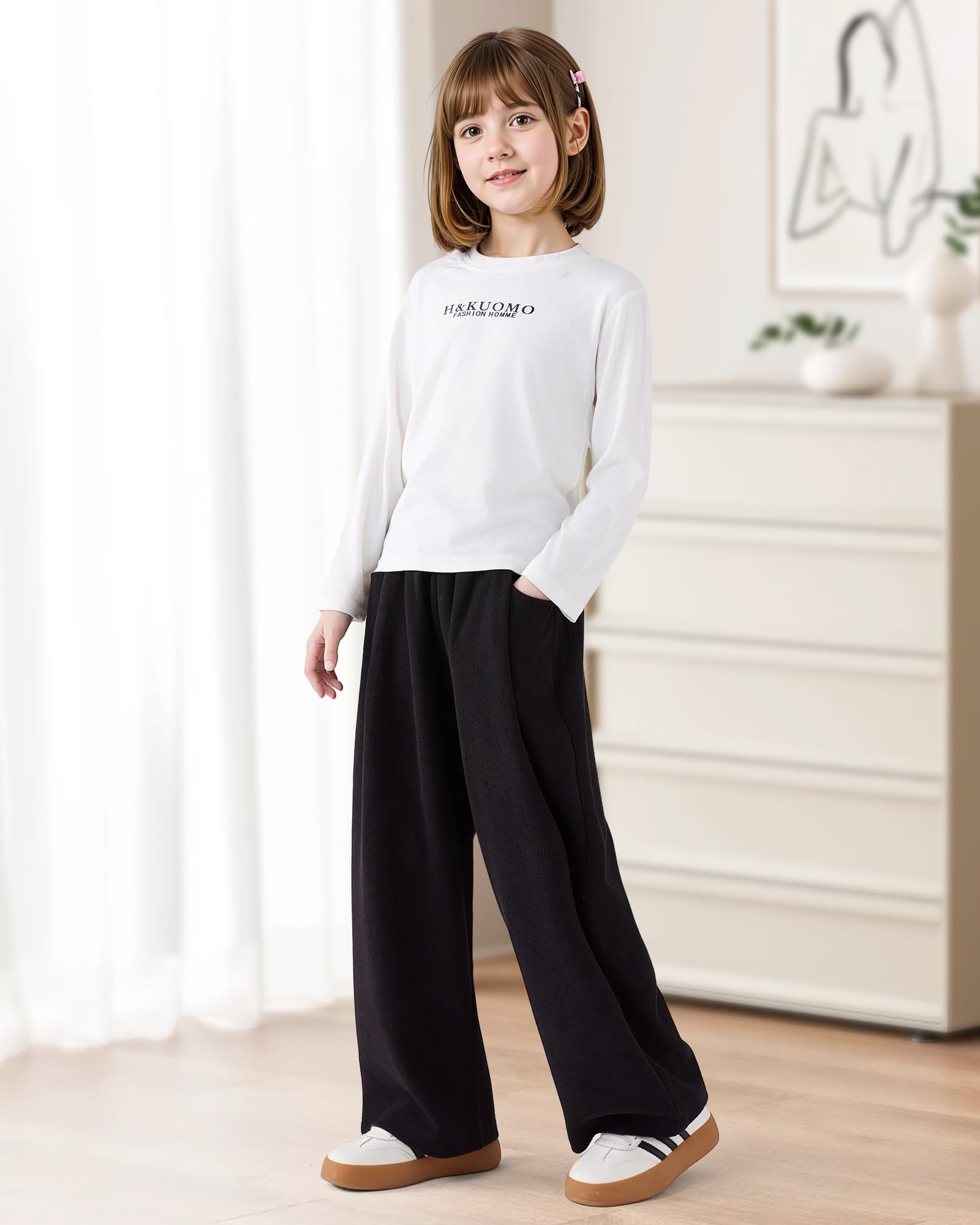 KAKU NANU Pantalones para niñas, cintura elástica, pierna ancha, 2 bolsillos, negro, marrón, beige, rosa, 5-13 años