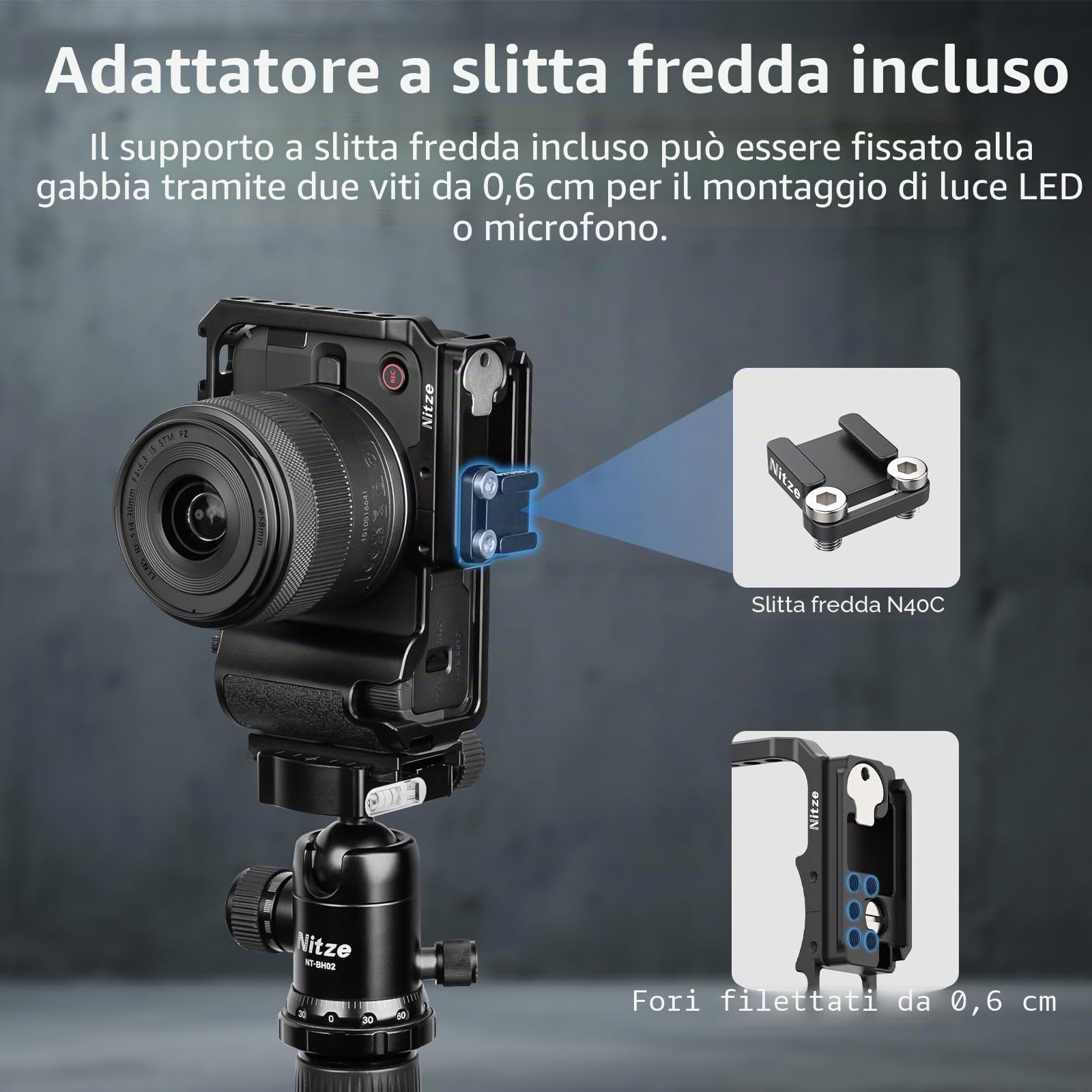 Nitze R50V Gabbia per Canon R50 V, Cage con Adattatore per Slitta a Contatto Freddo e Impugnatura Ergonomica in Silicone Integrata, Sgancio Rapido per Arca, Supporta le Riprese Verticali - T-C07A