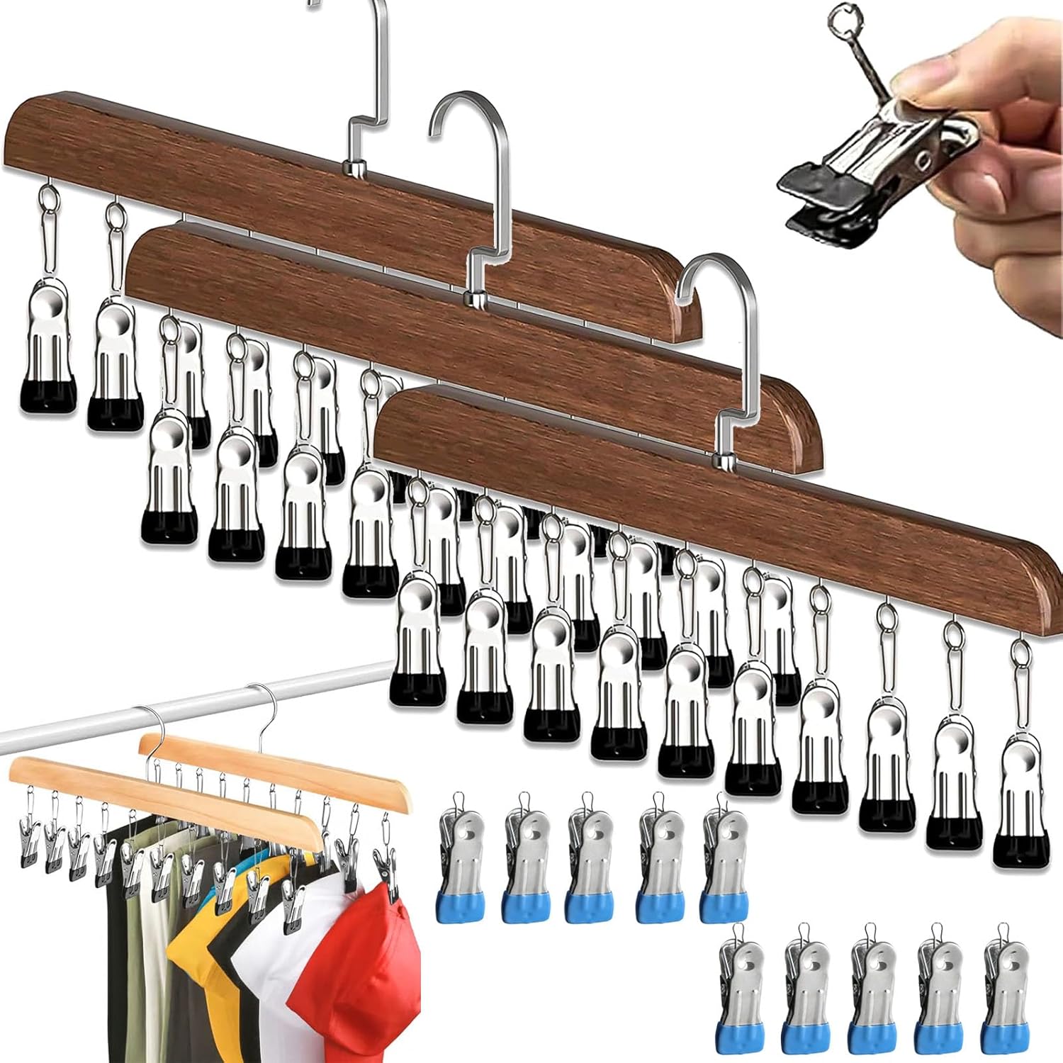 2026 Upgraded Closet Organizer with 10 Clips, Space Saving Hanging Closet Organizer, Multi-Functional Wooden Clothes Hanger with 10 Clips for Jeans Skirts Socks Pant, Home Use (3, Retro)
