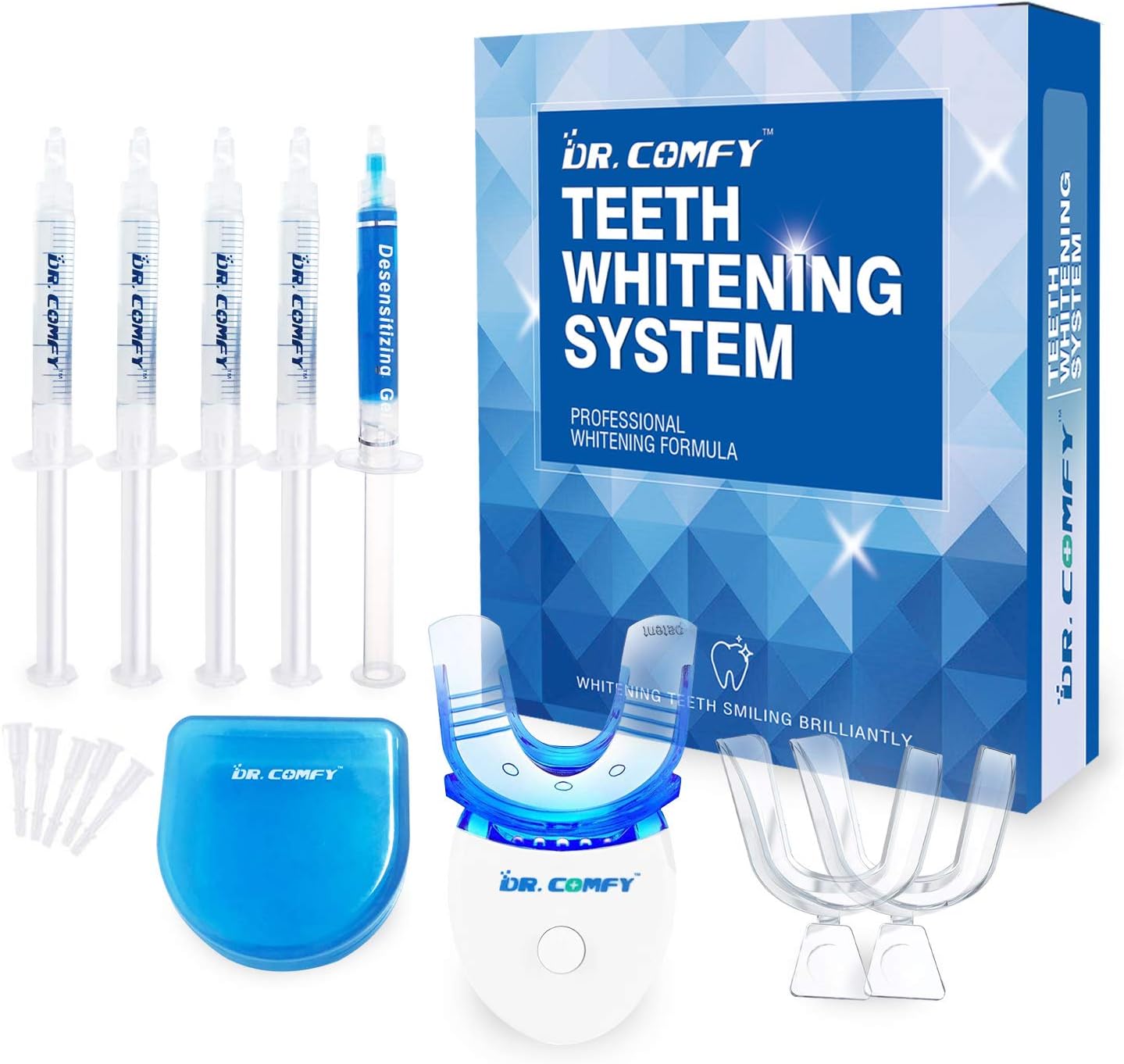 Teeth Whitening Kit-Dr. Comfy, with LED Accelerator Light, (4X)35% Carbamide Peroxide,(1X) Desensitizing Gel for Sensitive Teeth and Gums, Trays and Case, Professional Teeth Whitener