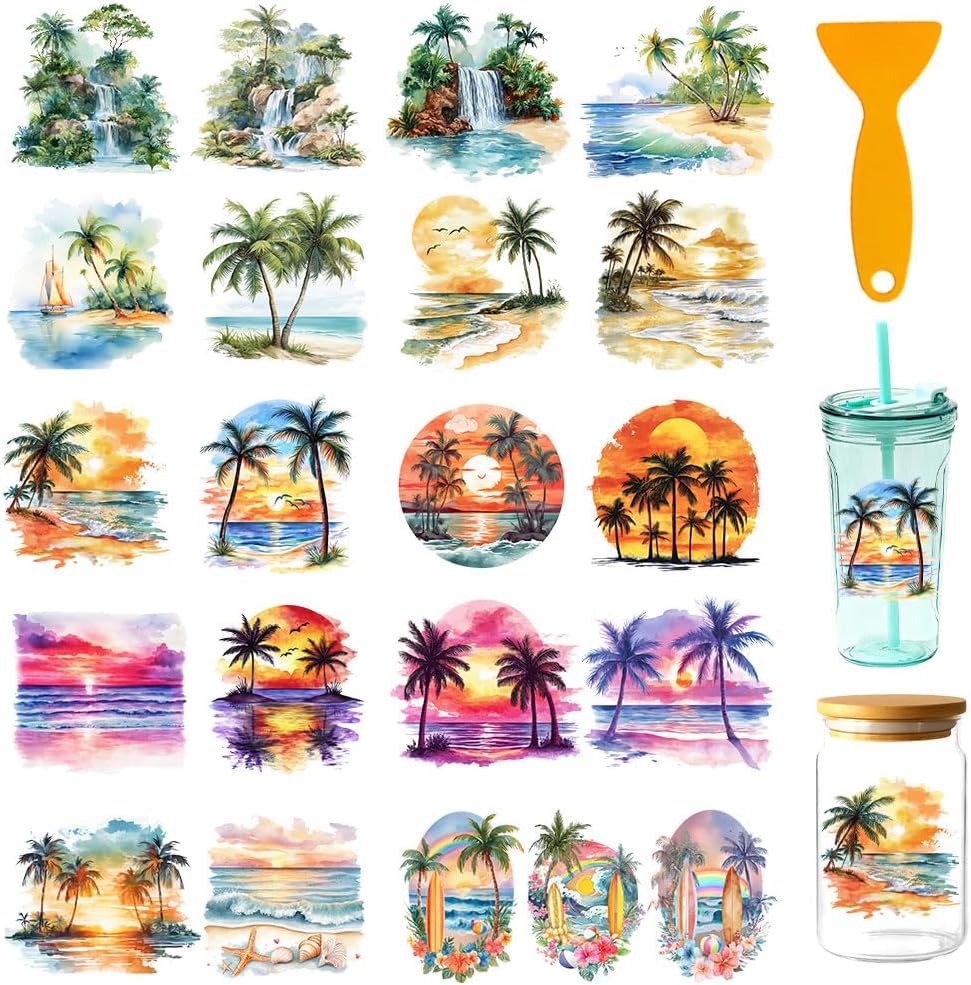21 Pcs Palm Beach UV DTF Cup Wraps for 16OZ Glass, 4.3 x 9.4 Inch Beach Sunset UV DTF Transfer Stickers Waterproof Rub on Transfer Decals for Glass Bottle Vase Furniture Crafts