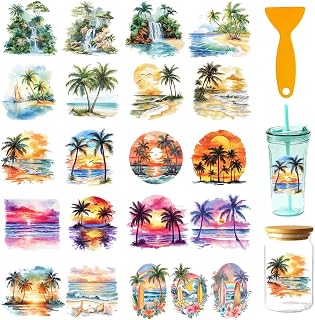 21 Pcs Palm Beach UV DTF Cup Wraps for 16OZ Glass, 4.3 x 9.4 Inch Beach Sunset UV DTF Transfer Stickers Waterproof Rub on Transfer Decals for Glass Bottle Vase Furniture Crafts