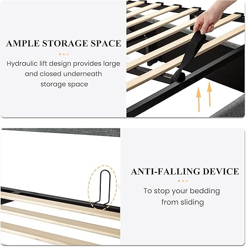 Miniatura 5 de SHA CERLIN Marco de cama tamaño queen con almacenamiento abatible, cabecero acolchado con botones, plataforma tapizada, almacenamiento hidráulico,
