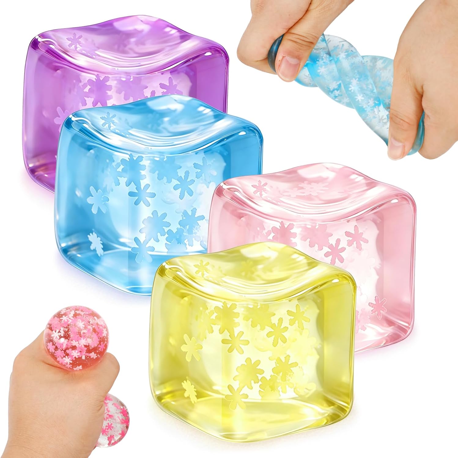 4 Pack Stress Cube Slow Rising Squishy Fidget Stress Ball for Adults Kids | Ice Cube Squishy with Snowflakes Squeeze Sensory Toys Gift for Anti Anxiety Party Favors Christmas Birthday