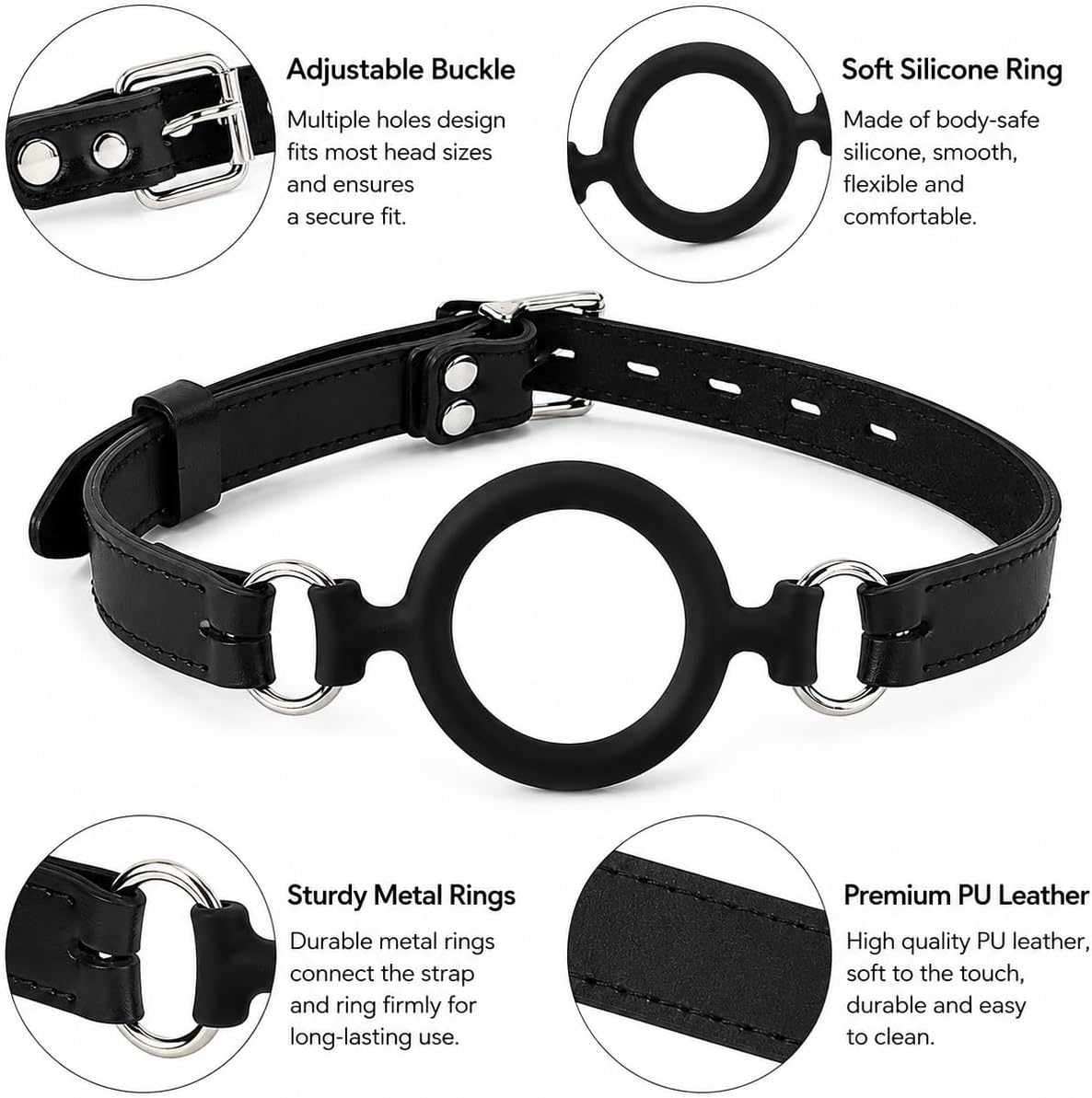 Adjustable Silicone O-Ring Mouth Gag for Couples, PU Leather Ring Gag with Buckle Strap, BDSM Bondage Roleplay Accessory for Adults