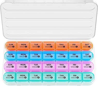 Betife Monthly Pill Organizer 1 Time a Day, Pill Box 28 Day, BPA-Free | Portable Travel Pill case, Compact, Easy Open, Airtight, Dual protection, Large capacity for Vitamin, Fish Oils, Supplement